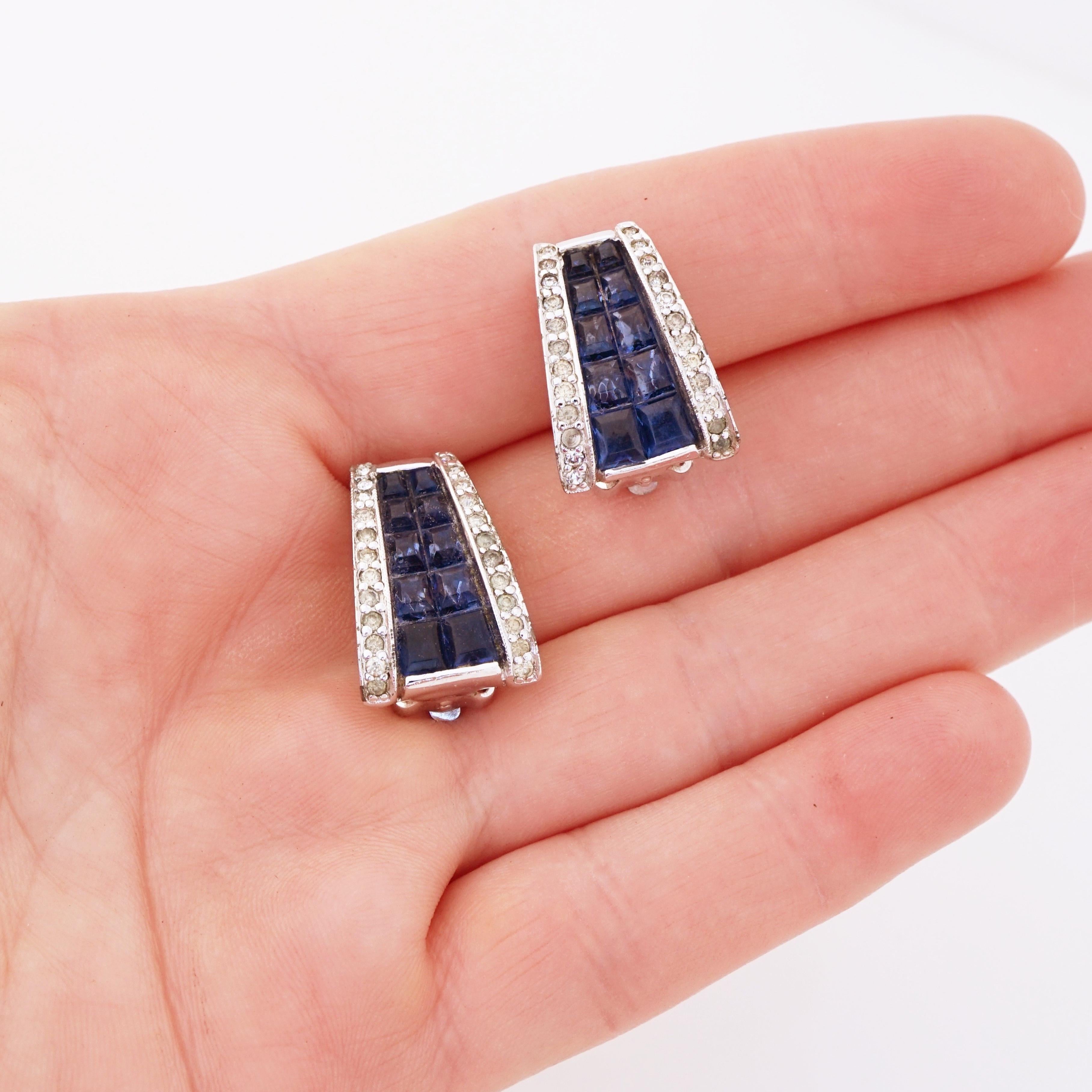 Silver Art Deco Huggie Earrings With Sapphire Crystals By Jomaz, 1950s 1