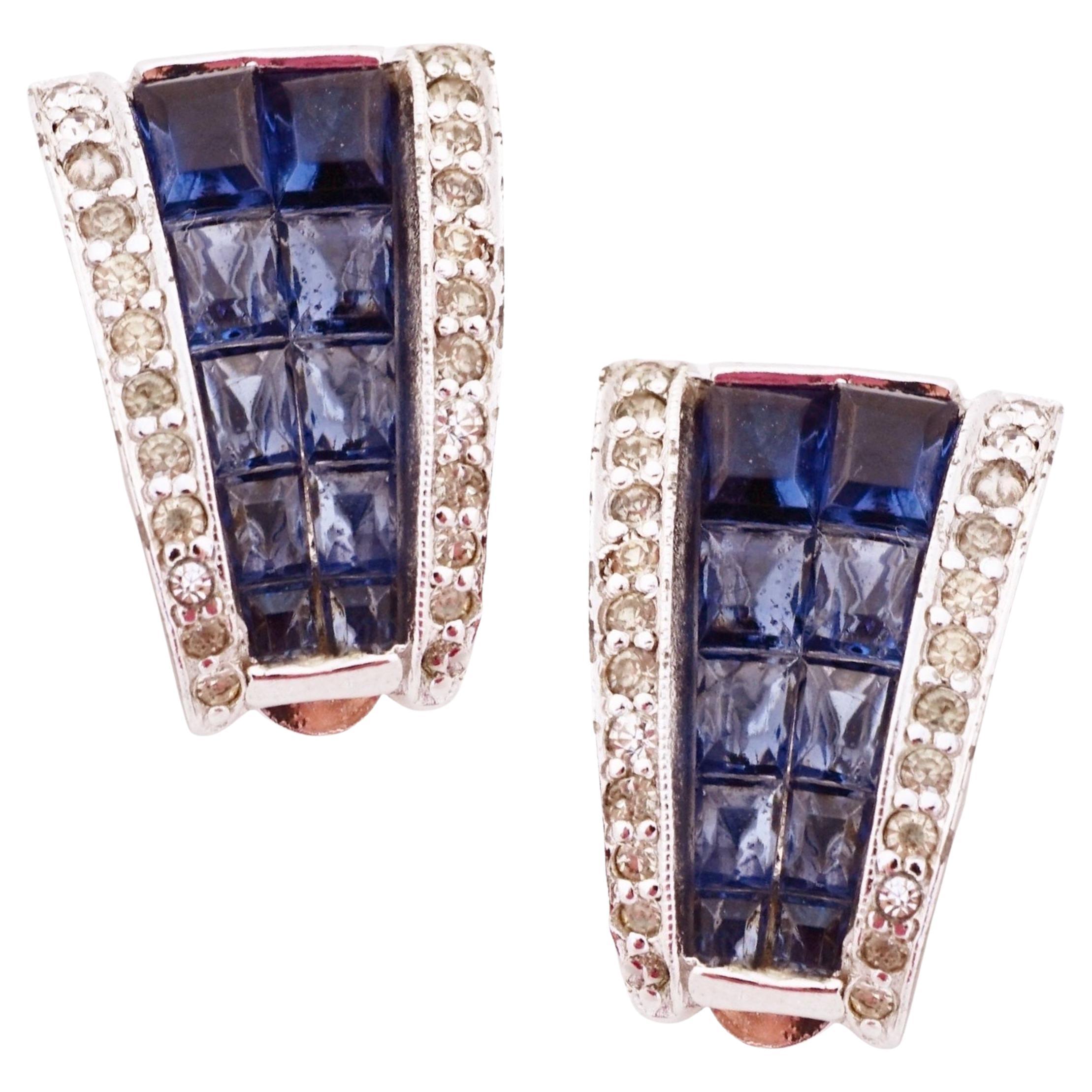 Silver Art Deco Huggie Earrings With Sapphire Crystals By Jomaz, 1950s