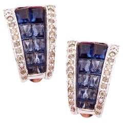 Silver Art Deco Huggie Earrings With Sapphire Crystals By Jomaz, 1950s