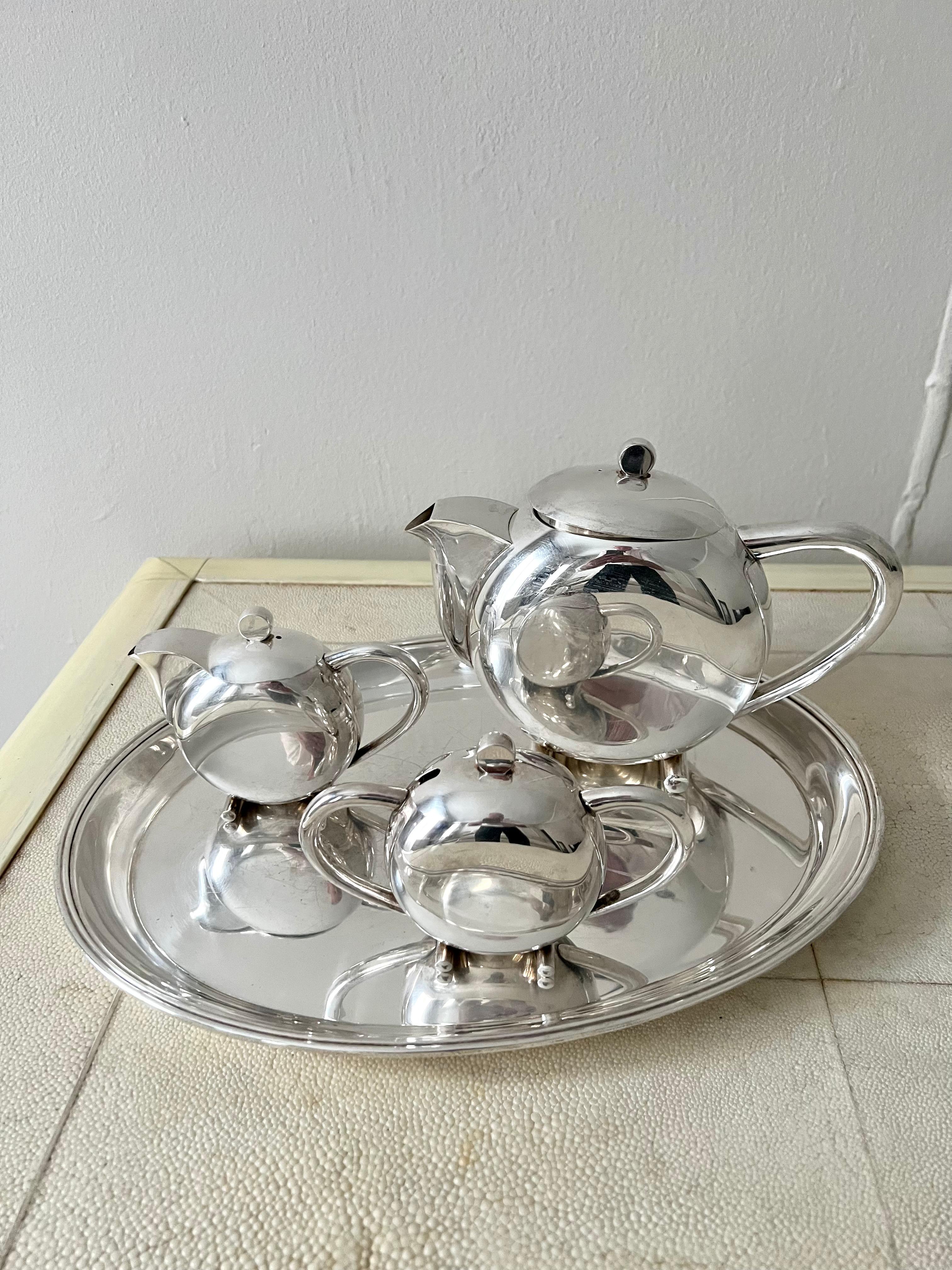 French Silver Plate Art Deco Tea Set in Original Box In Good Condition In Los Angeles, CA