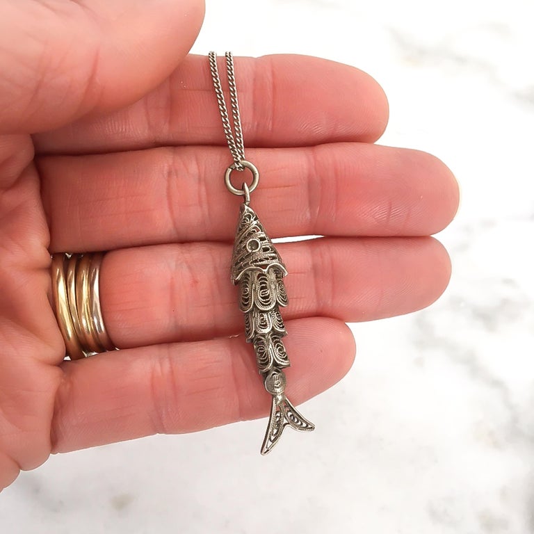 Vintage Articulated Filigree Fish Silver Charm Pendant at 1stDibs