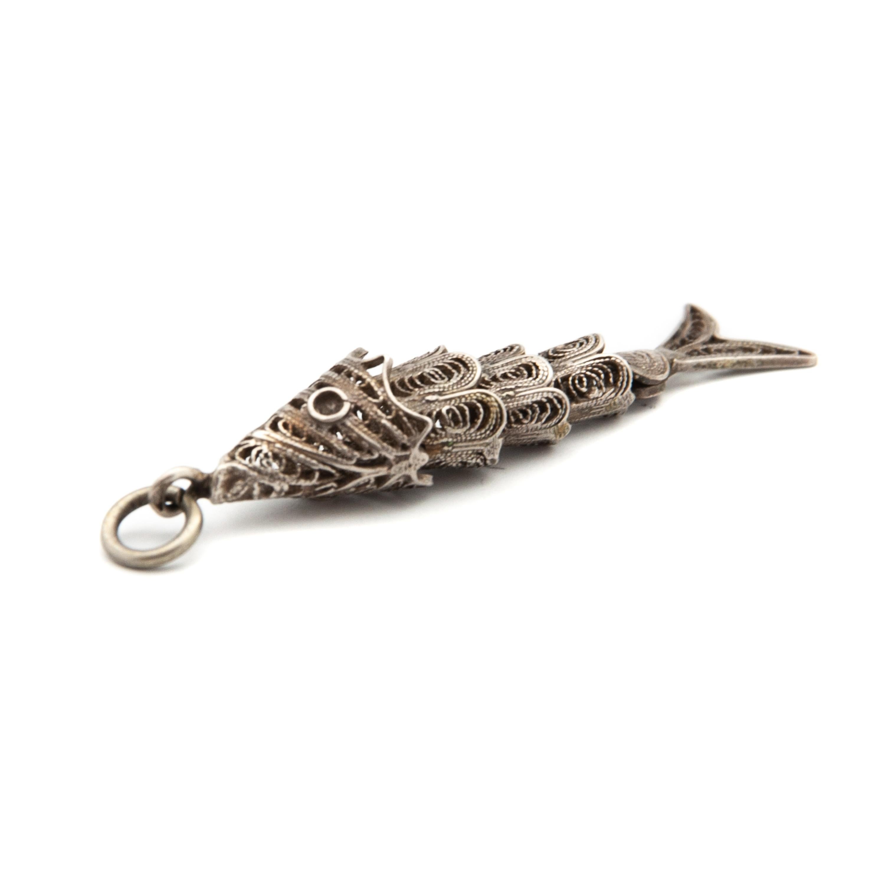 Vintage Articulated Filigree Fish Silver Charm Pendant 1