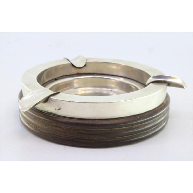 European Silver ashtray on turned wood with three cigarette holders For Sale