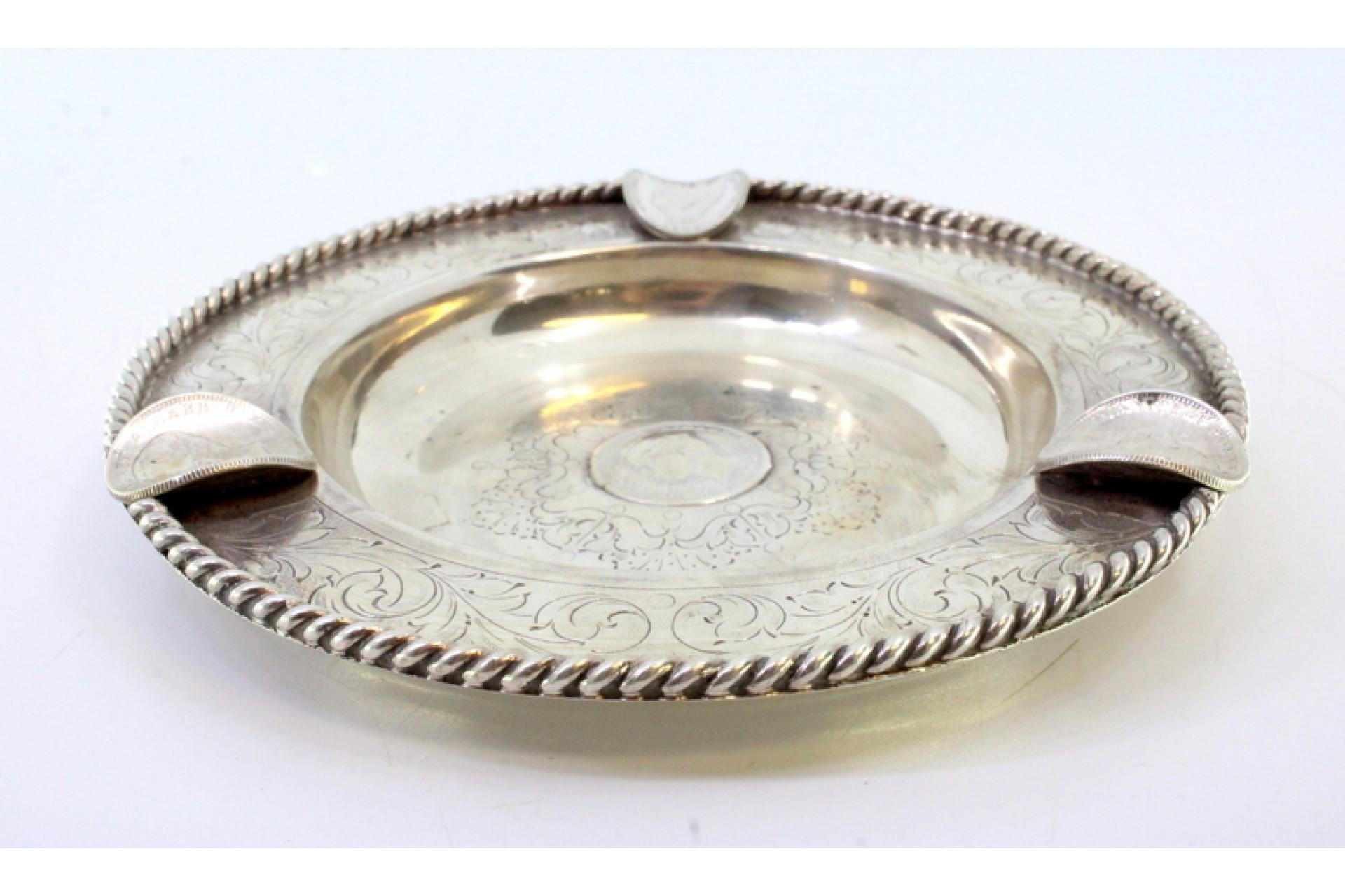European Silver ashtray w/ corded friezes, engraved garlands & 4 inlaid coins of D Luís For Sale