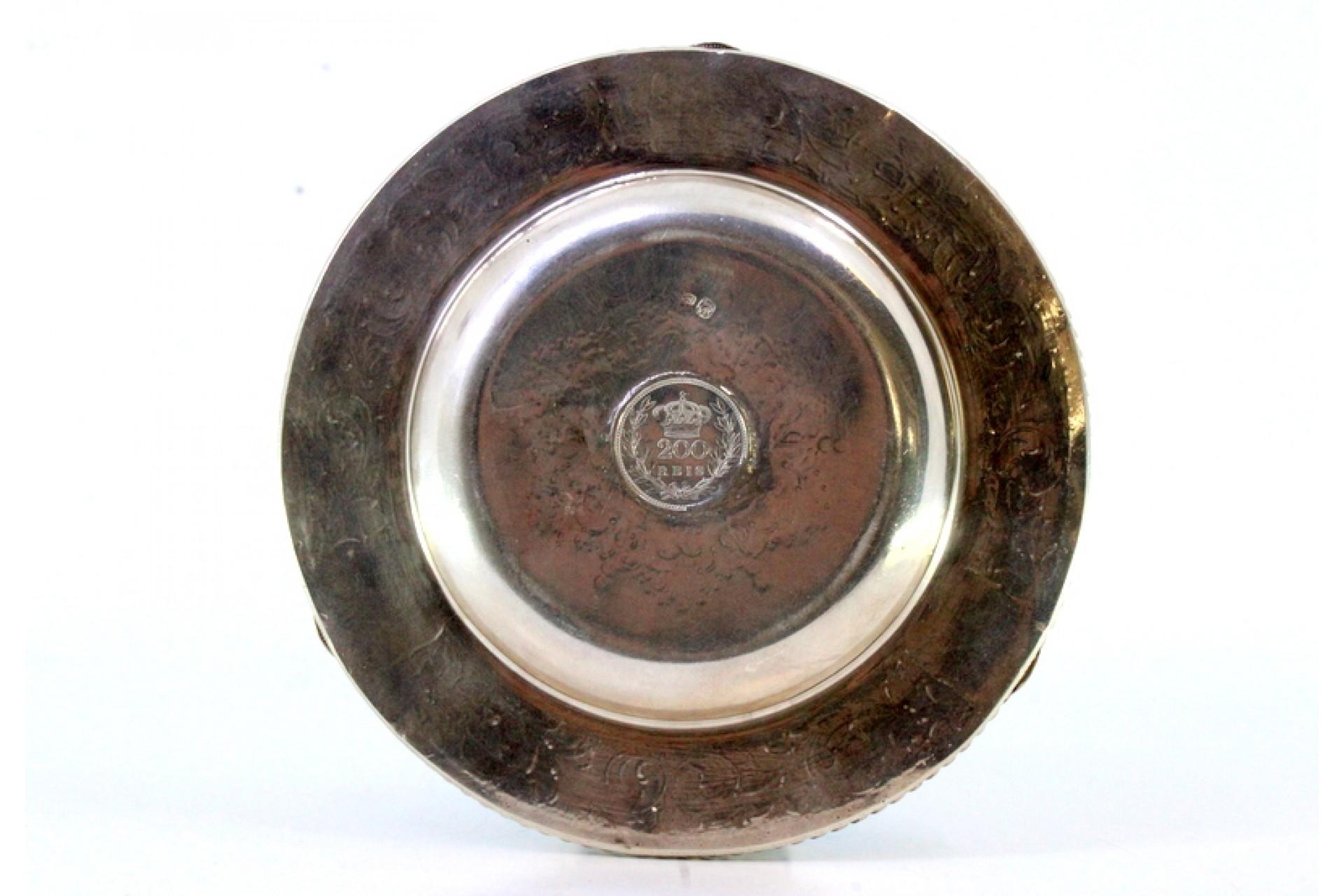 20th Century Silver ashtray w/ corded friezes, engraved garlands & 4 inlaid coins of D Luís For Sale