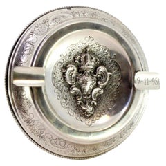 Silver ashtray with Portuguese coat of arms, reliefs, two cigarette rests