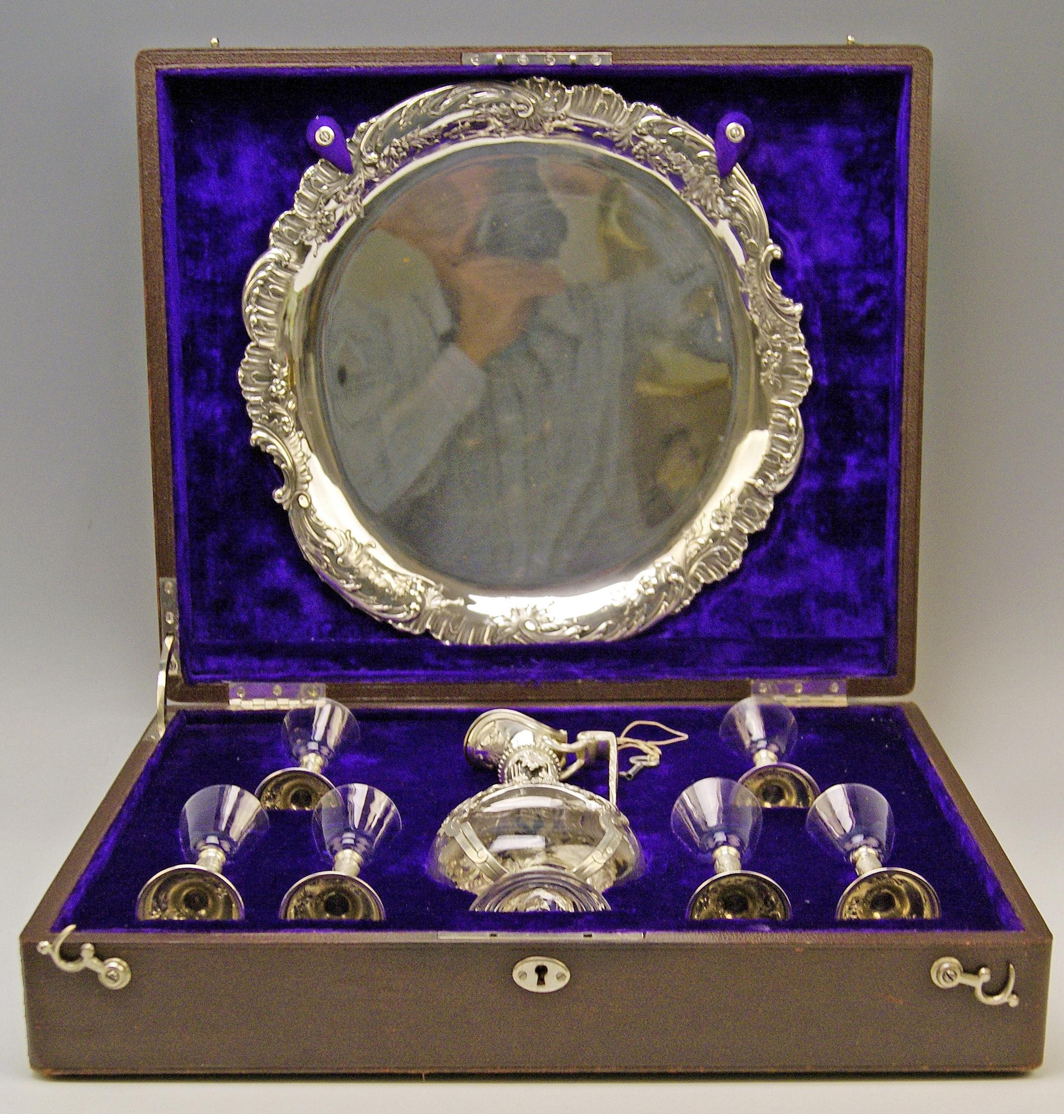 Silver Austrian gorgeous liqueur set of most elegant appearance.

Particular feature:
Most probably one-off production / special design in original casket, manufactured 1906 = there is a metal plaque attached to casket's lid with referring date.