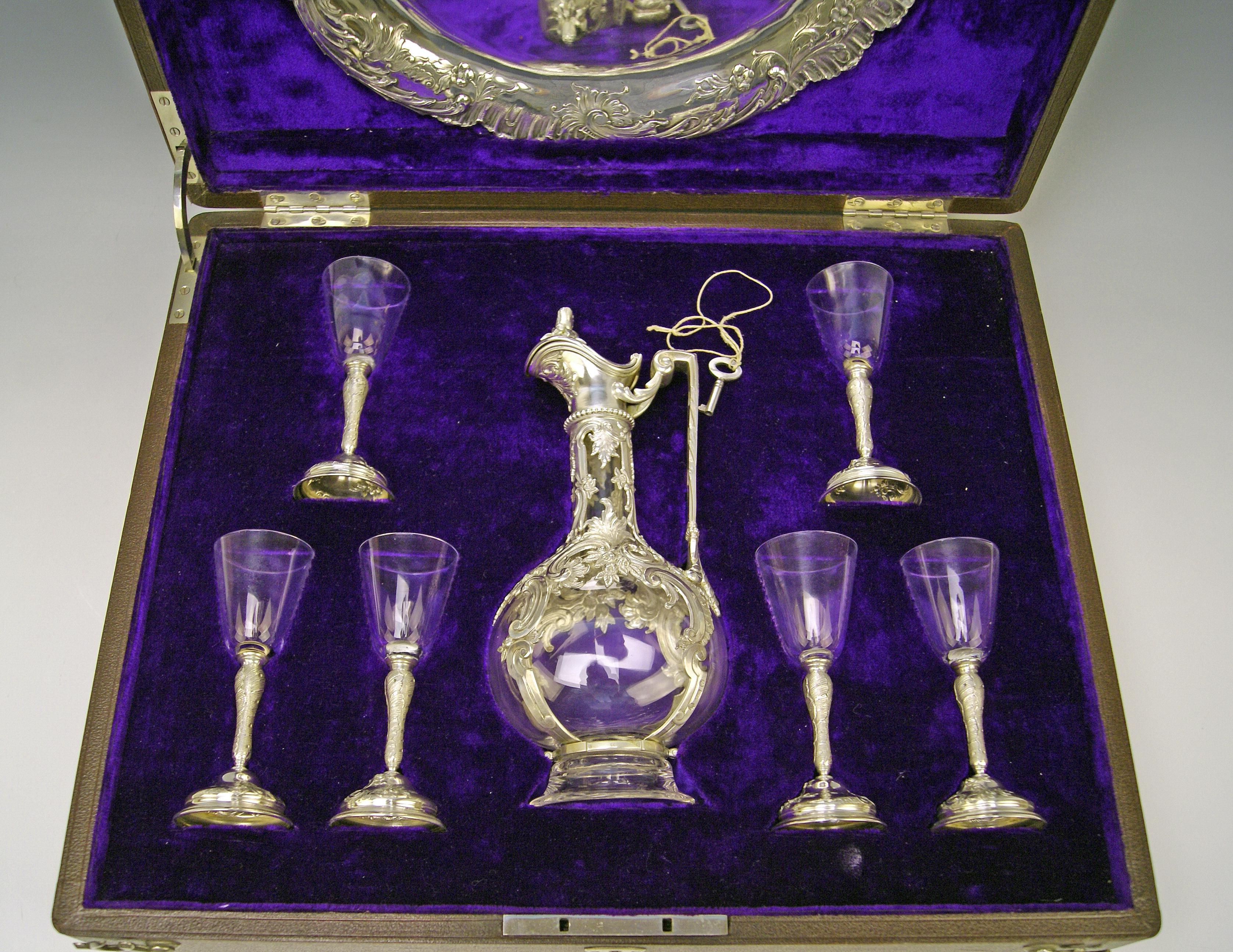Late Victorian Silver Austria Vienna Liqueur Set Decanter Six Glasses Tray Klinkosch Made 1906