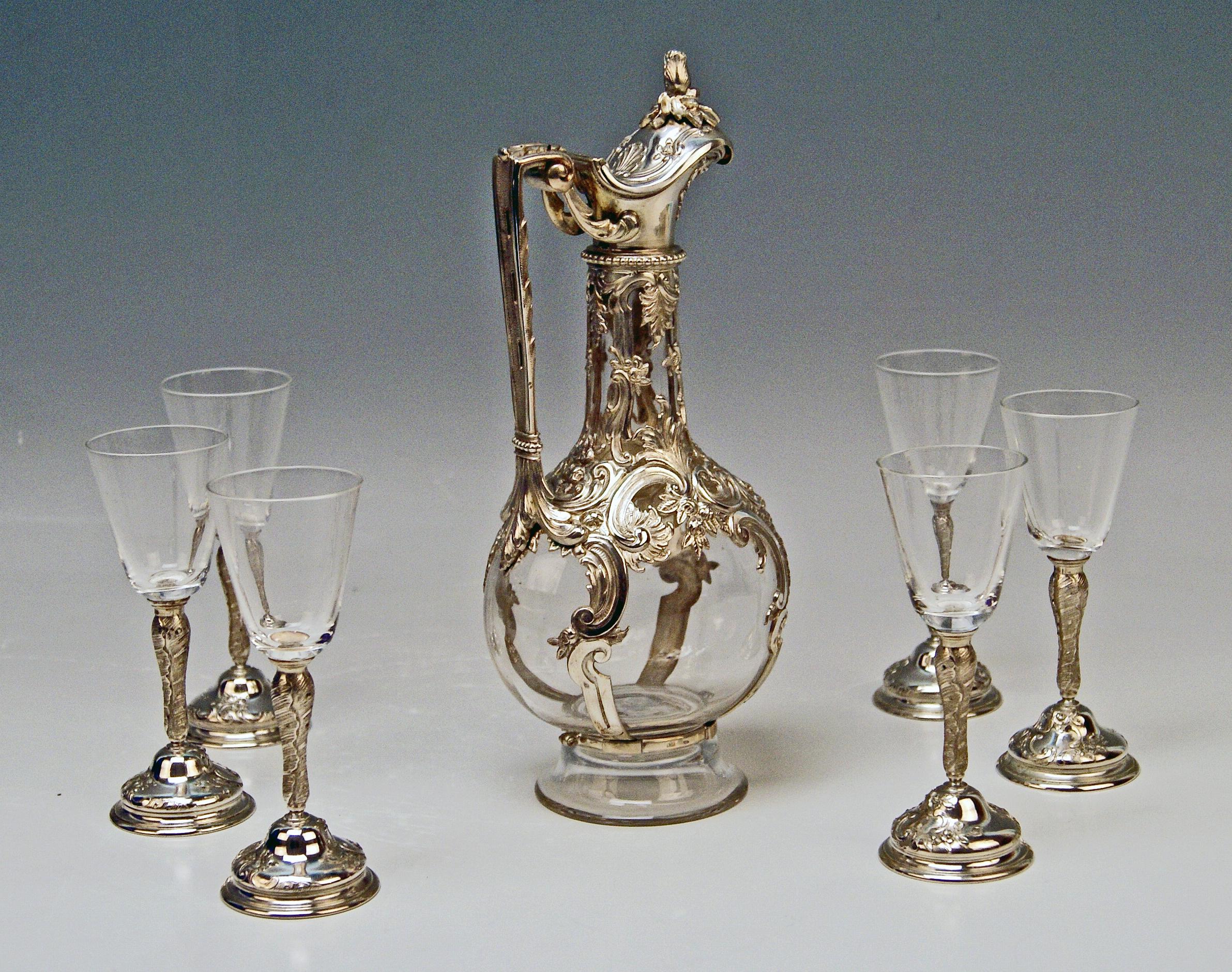Austrian Silver Austria Vienna Liqueur Set Decanter Six Glasses Tray Klinkosch Made 1906