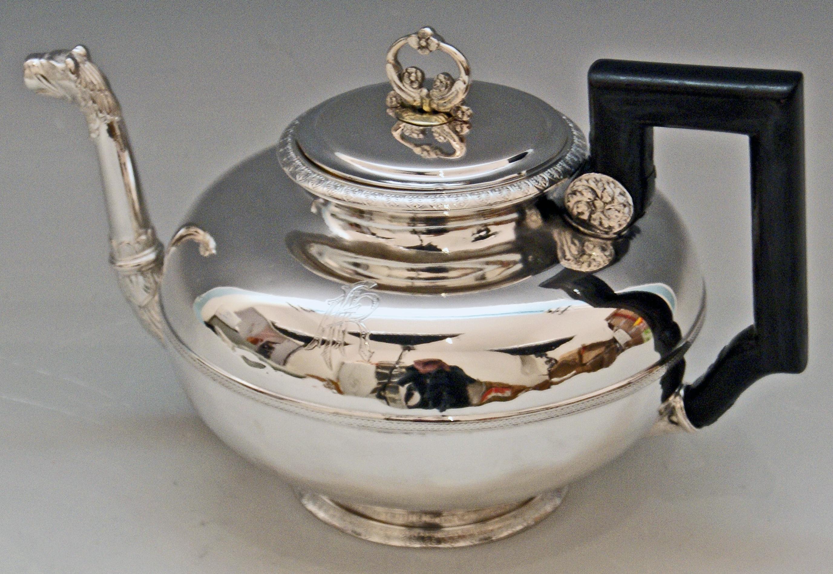 Silver Austrian gorgeous tea pot of elegant appearance:
Manufactured 1829 / Biedermeier period.

The pot is manufactured in most elegant Biedermeier style:
Tea pot's form is of bellied as well as of tapering type having smooth surface / the