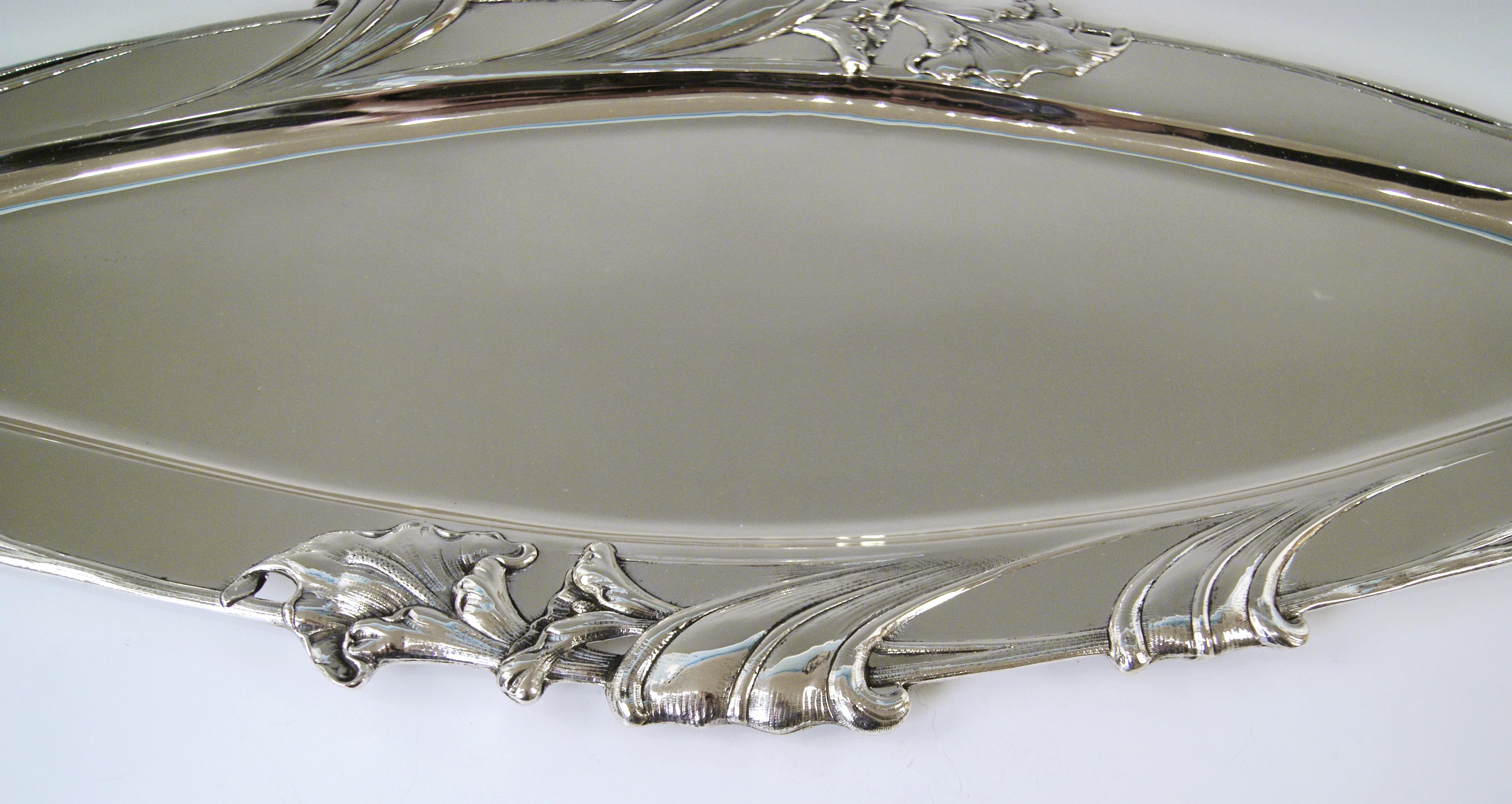 Austrian silver excellent serving platter vienna 
Art Nouveau / made circa 1900-1905

Excellently made finest oblong silver Art Nouveau serving platter of gorgeous appearance.
The platter's middle area has smooth surface / its edge is decorated