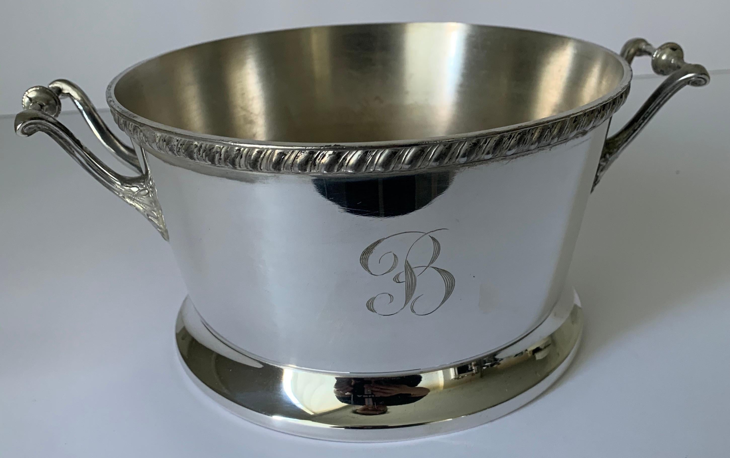 Silver plated planter or bucket with hand engraved B monogram. Two handles. Makers mark on the underside. Newly re-plated and polished to a high shine.