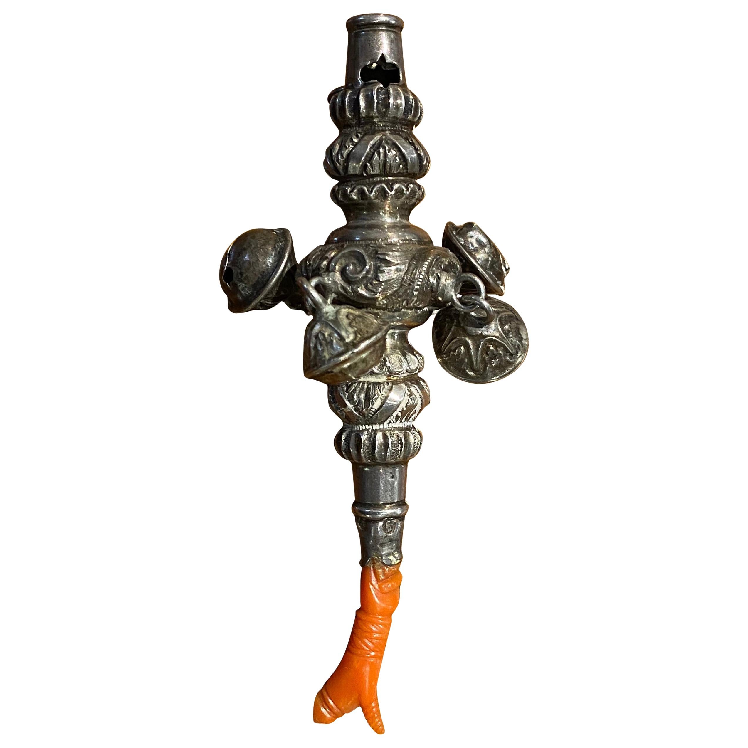 Silver Baby Rattle with Coral For Sale