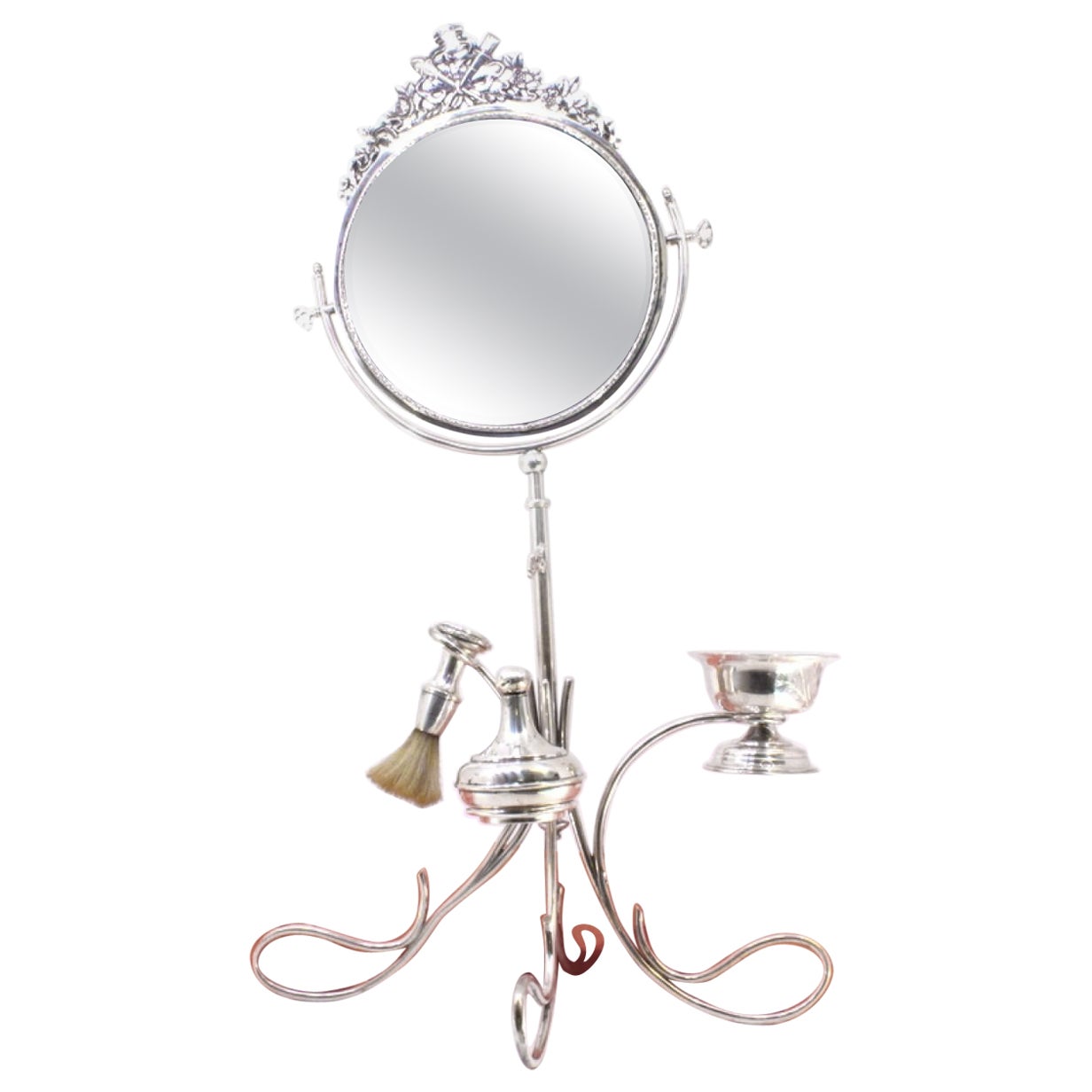 Silver barber hand mirror with perfumer, brush and cup For Sale