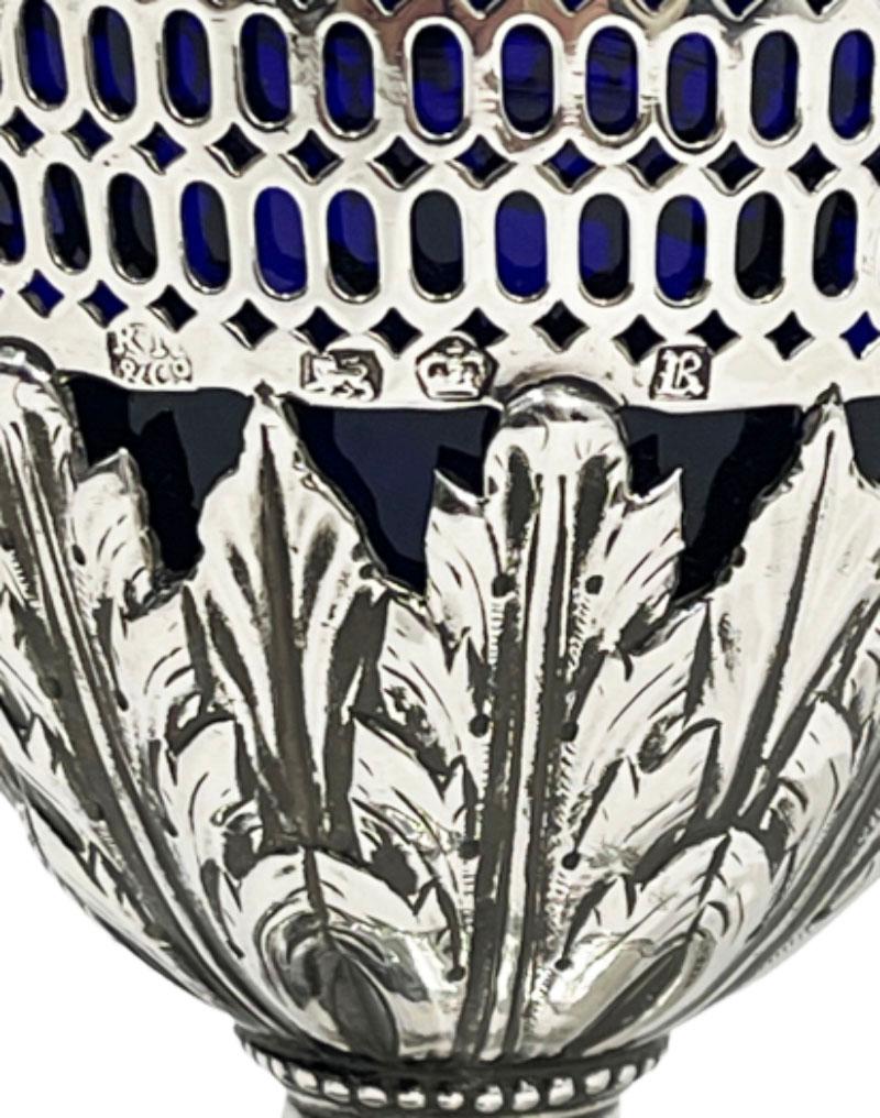 English Silver Basket with Blue Glass, by Richard Morton & Co, Sheffield, 1776 For Sale