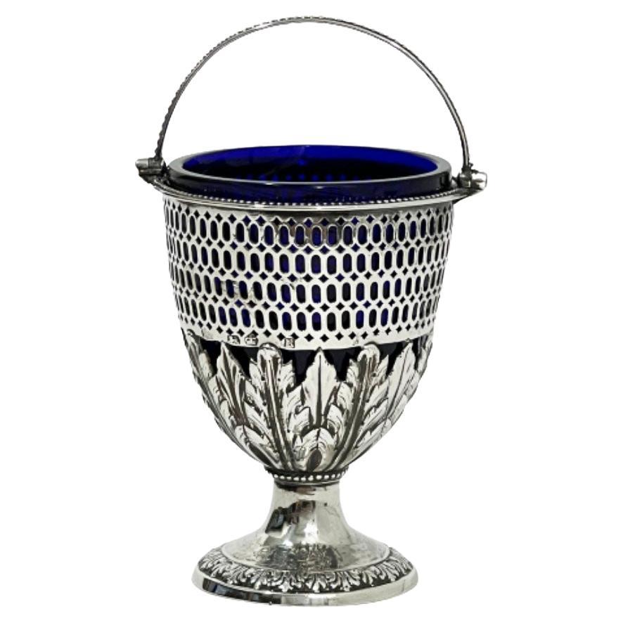 Silver Basket with Blue Glass, by Richard Morton & Co, Sheffield, 1776 For Sale
