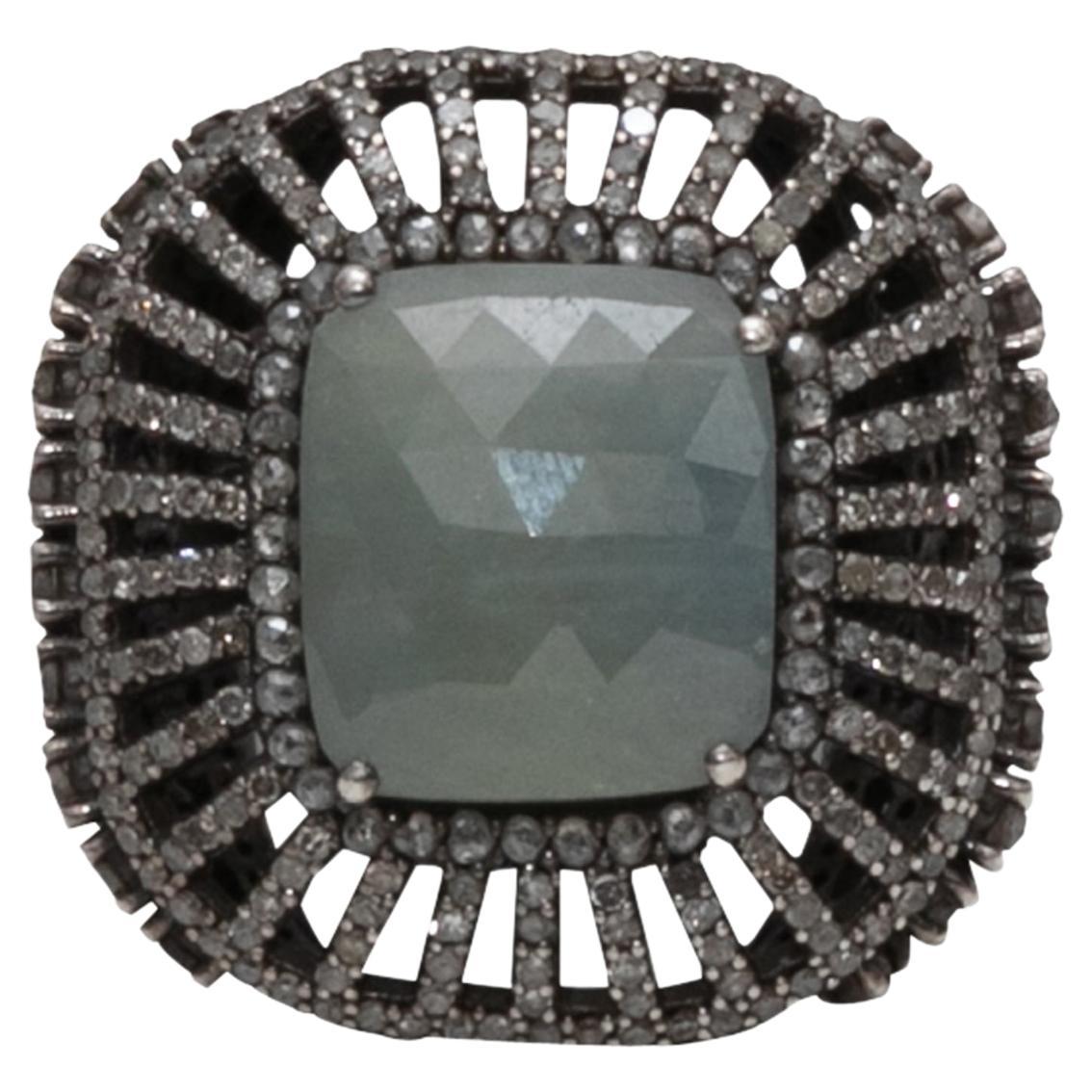 Silver Bavna Labradorite & Pave Diamond Ring Size US 6.5 For Sale