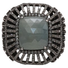 Silver Bavna Labradorite & Pave Diamond Ring Size US 6.5