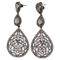 Silver Bavna Moonstone & Pave Diamond Pierced Drop Earrings