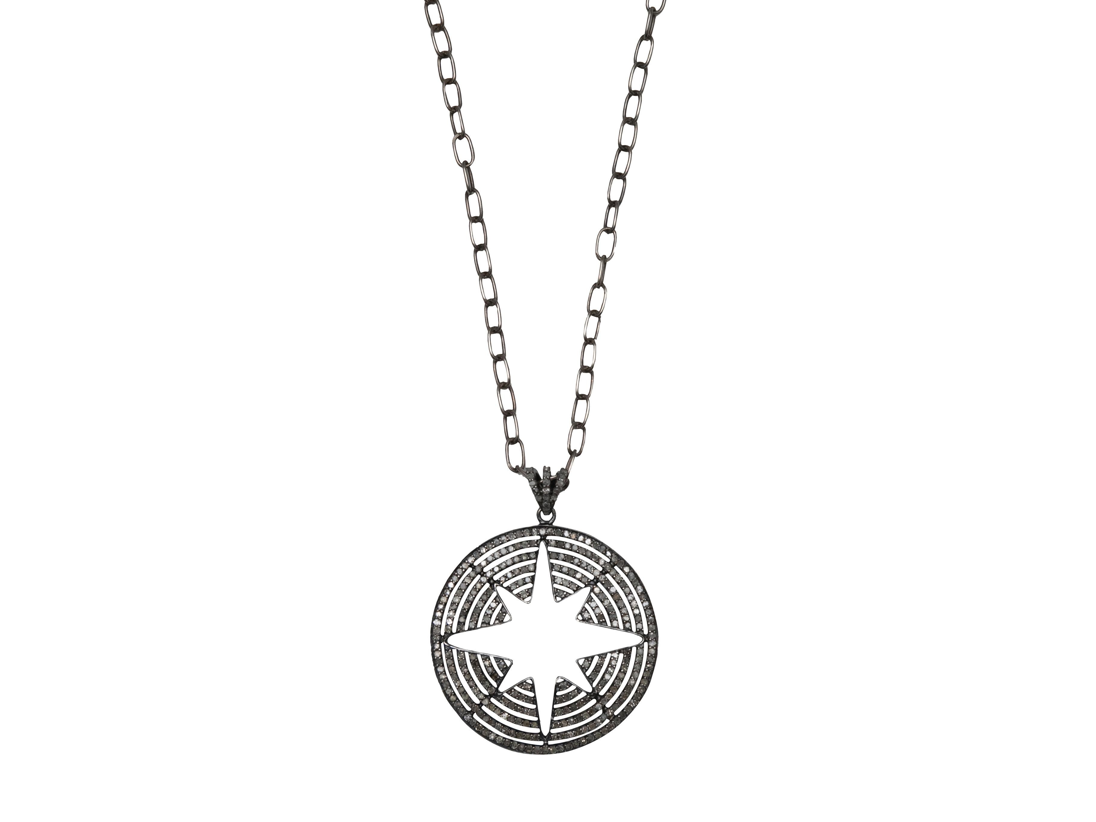 Silver Bavna Pave Diamond Star Cutout Pendant Necklace In Good Condition For Sale In New York, NY