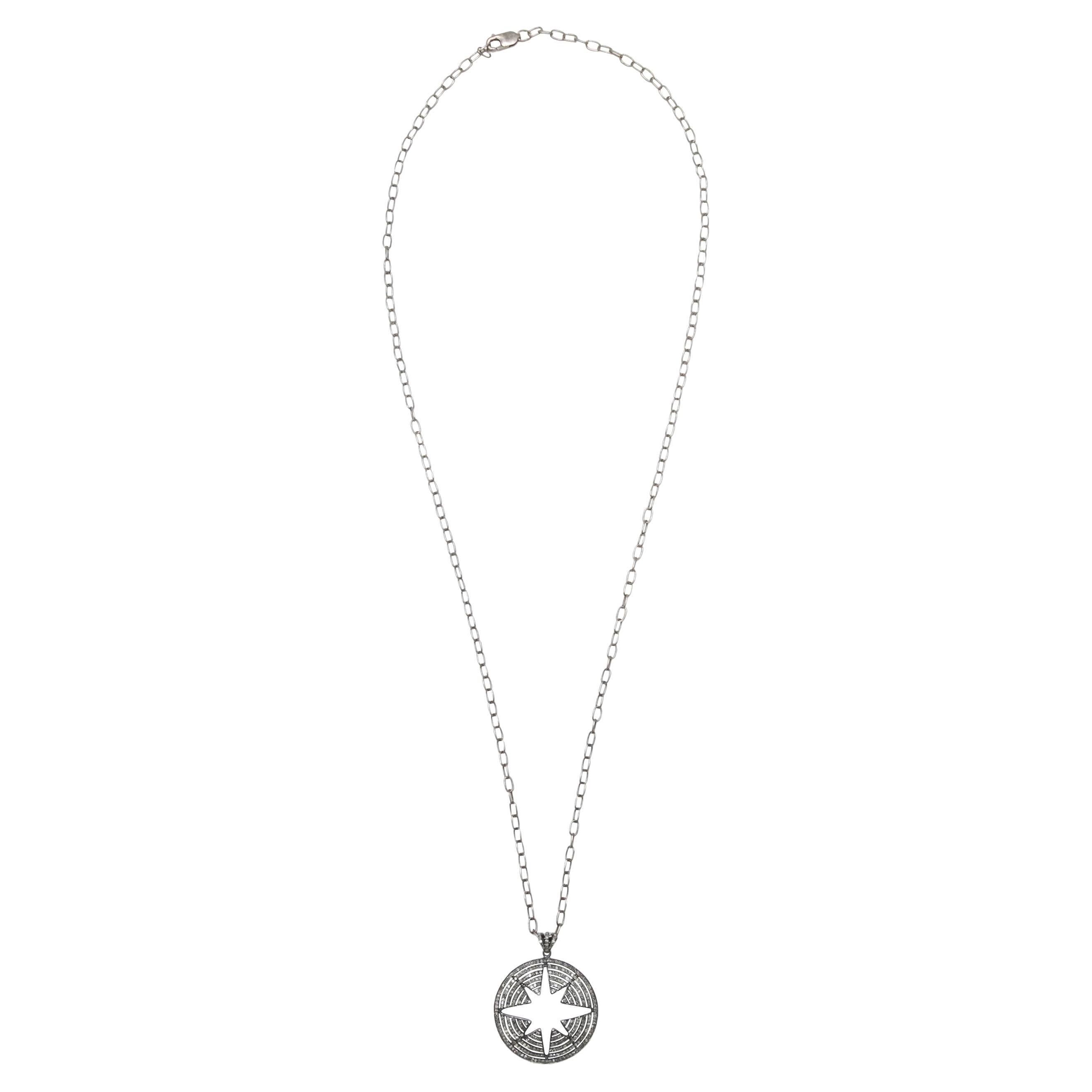 Silver Bavna Pave Diamond Star Cutout Pendant Necklace For Sale