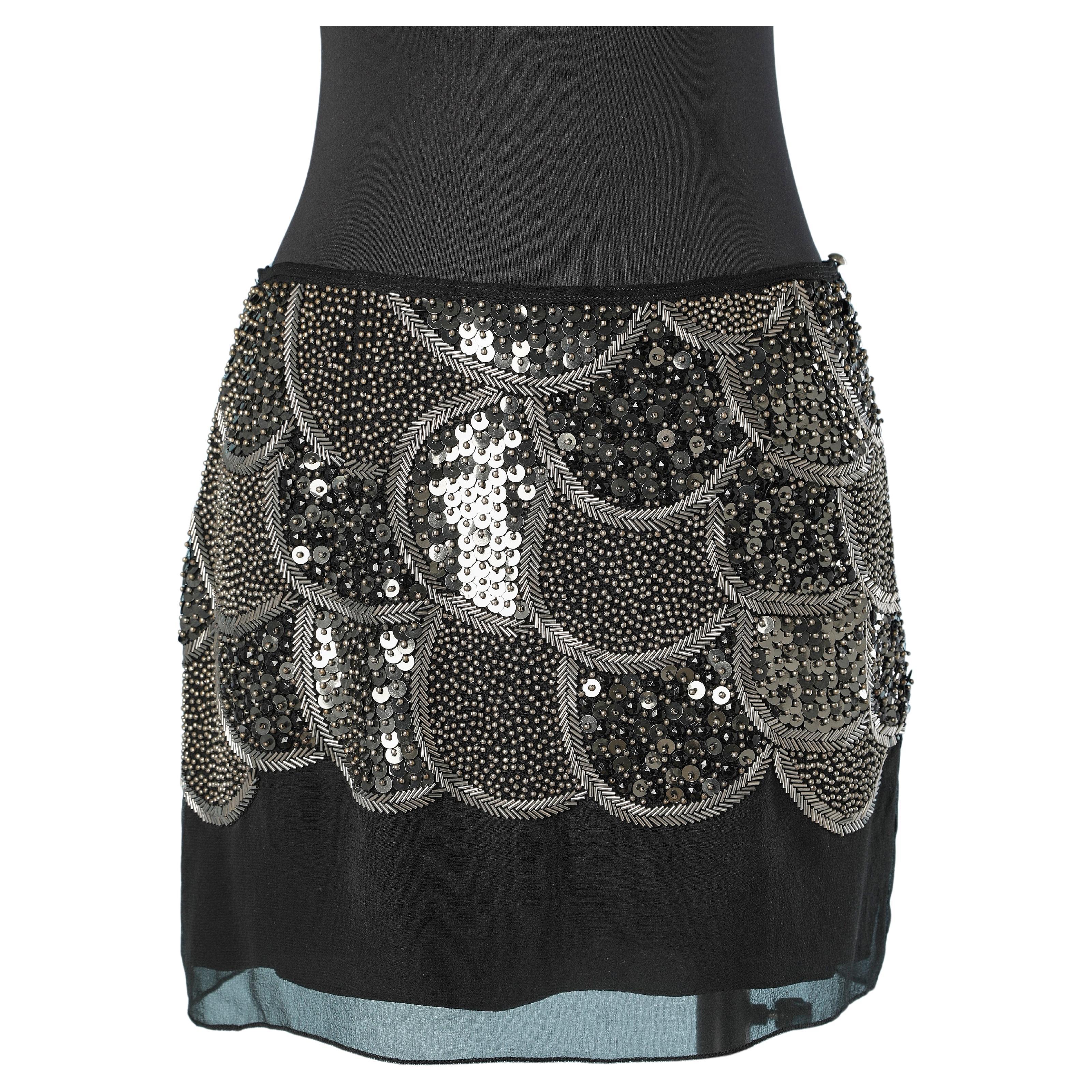 Silver beaded mini skirt on silk chiffon base Sheri Bodell  For Sale