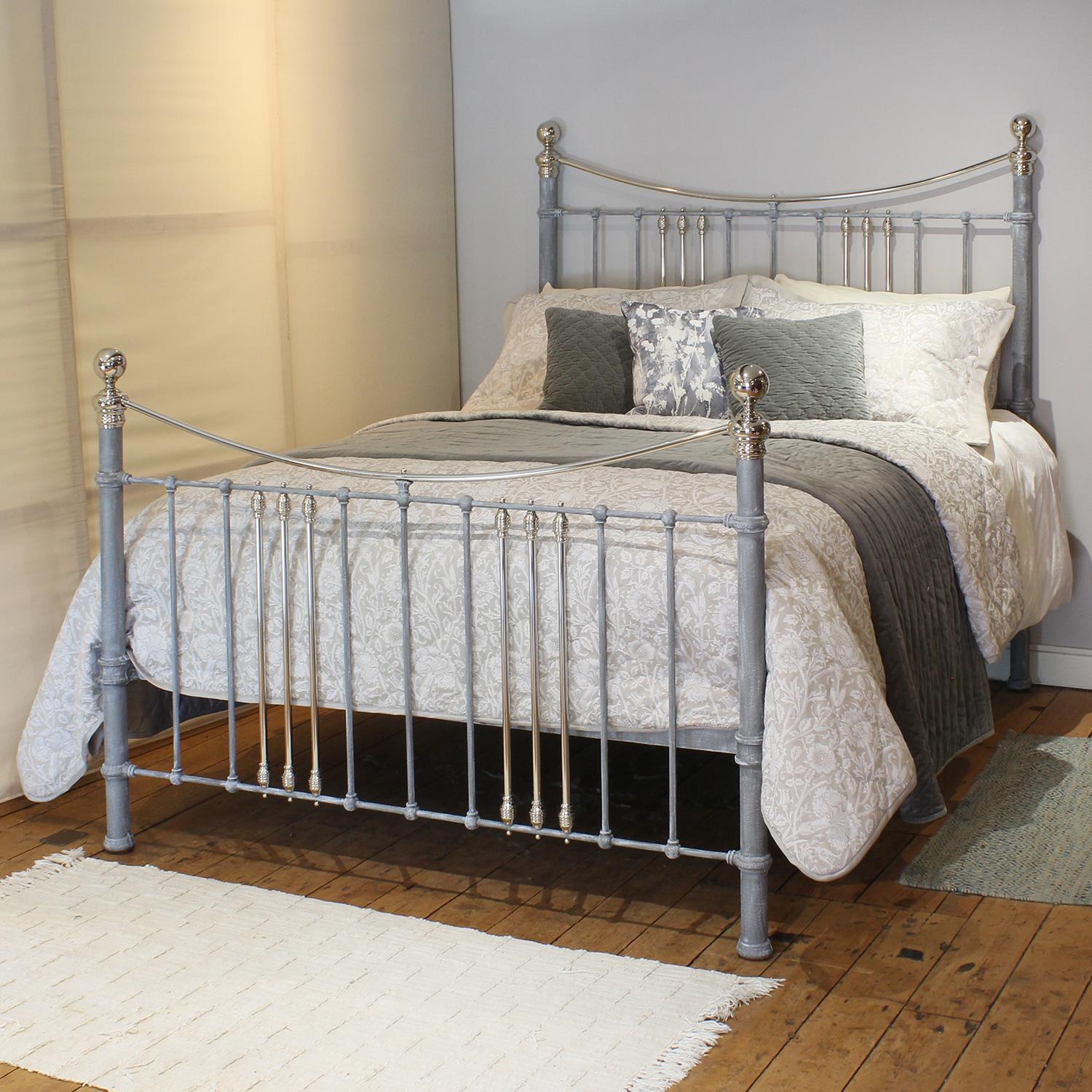 A Victorian bedstead finished in silver with nickel plated rails, knobs and collars, and simple round mouldings in a classic style. 

This bed accepts a UK king size or US queen size (5ft, 60in or 150cm wide) base and mattress set.

The price