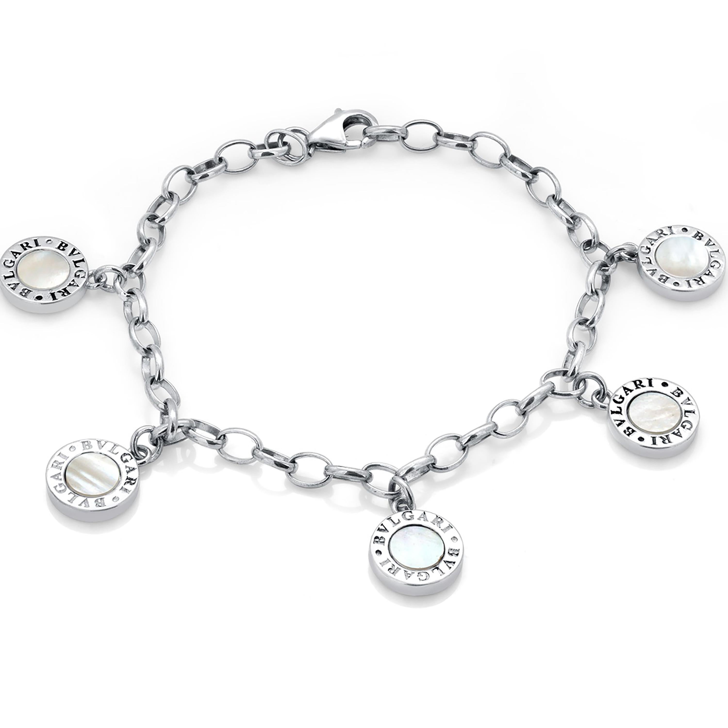 Silver Belcher Link Vintage Bracelet Mother of Pearl Disc Charms Bvlgari Style For Sale 1