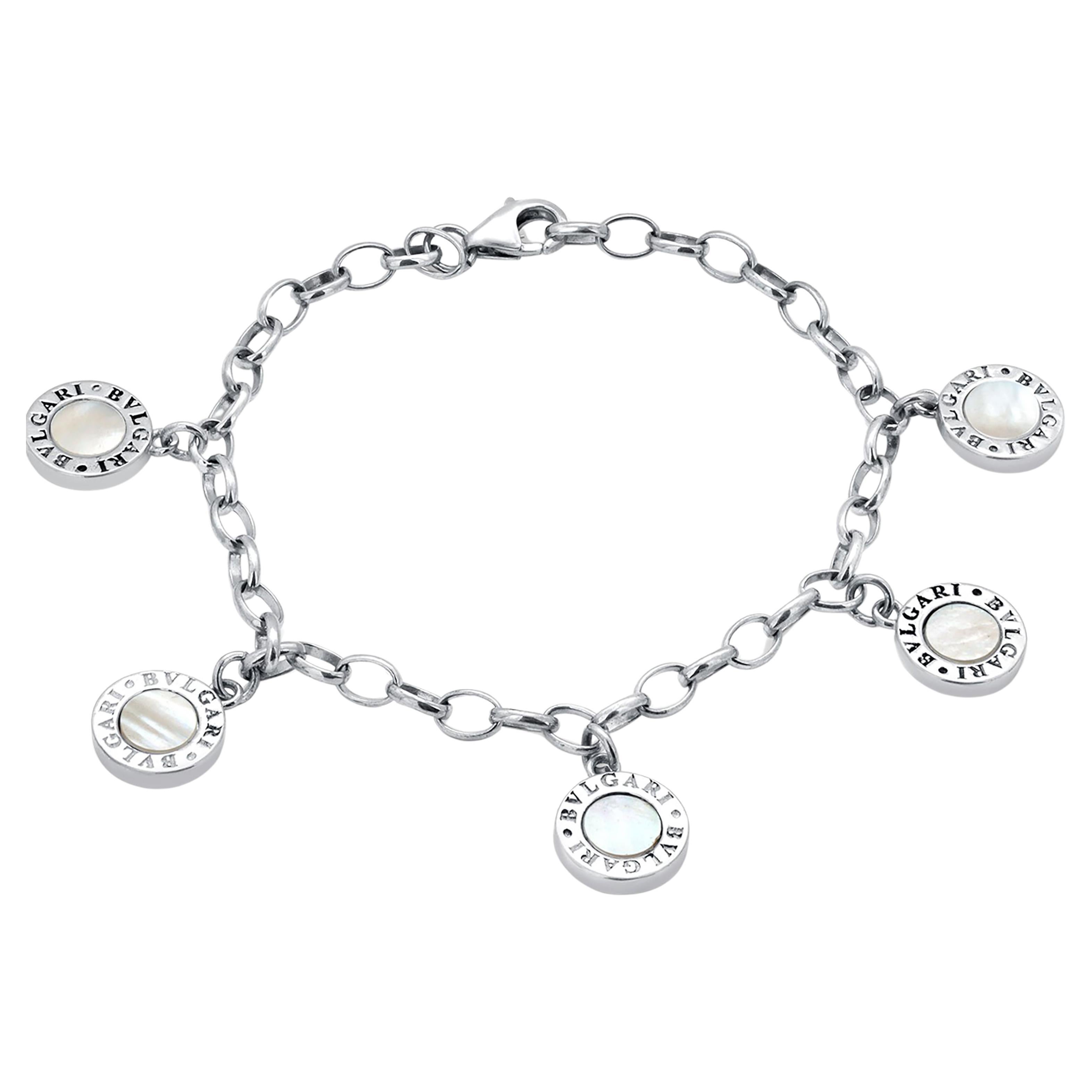 Silver Belcher Link Vintage Bracelet Mother of Pearl Disc Charms Bvlgari Style For Sale