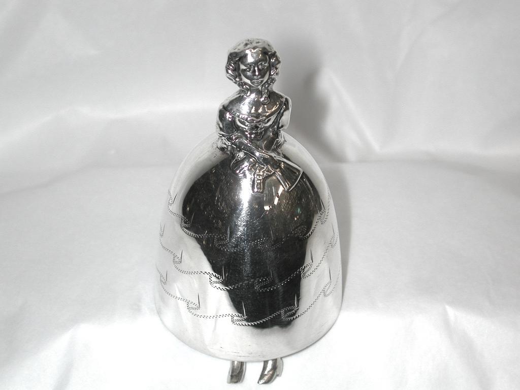 Novelty silver bell in the form of a lady in a crinoline dress with 2 dangling silver legs as the clangers.
Made by specialist makers Saunders and Sheppard of Birmingham.
Assayed in 1923, legs are separately hallmarked with the date letter for