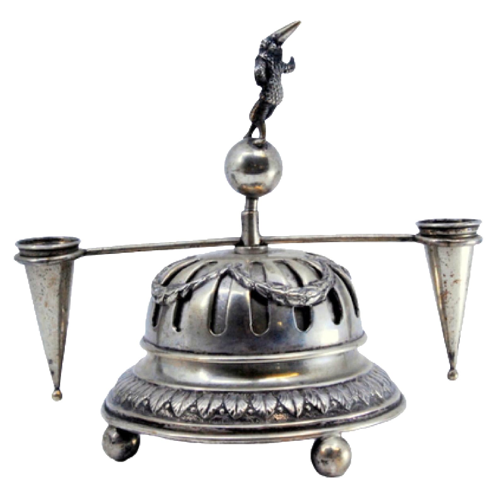 Silver bell with bows, garlands, pen holder and internal mechanism