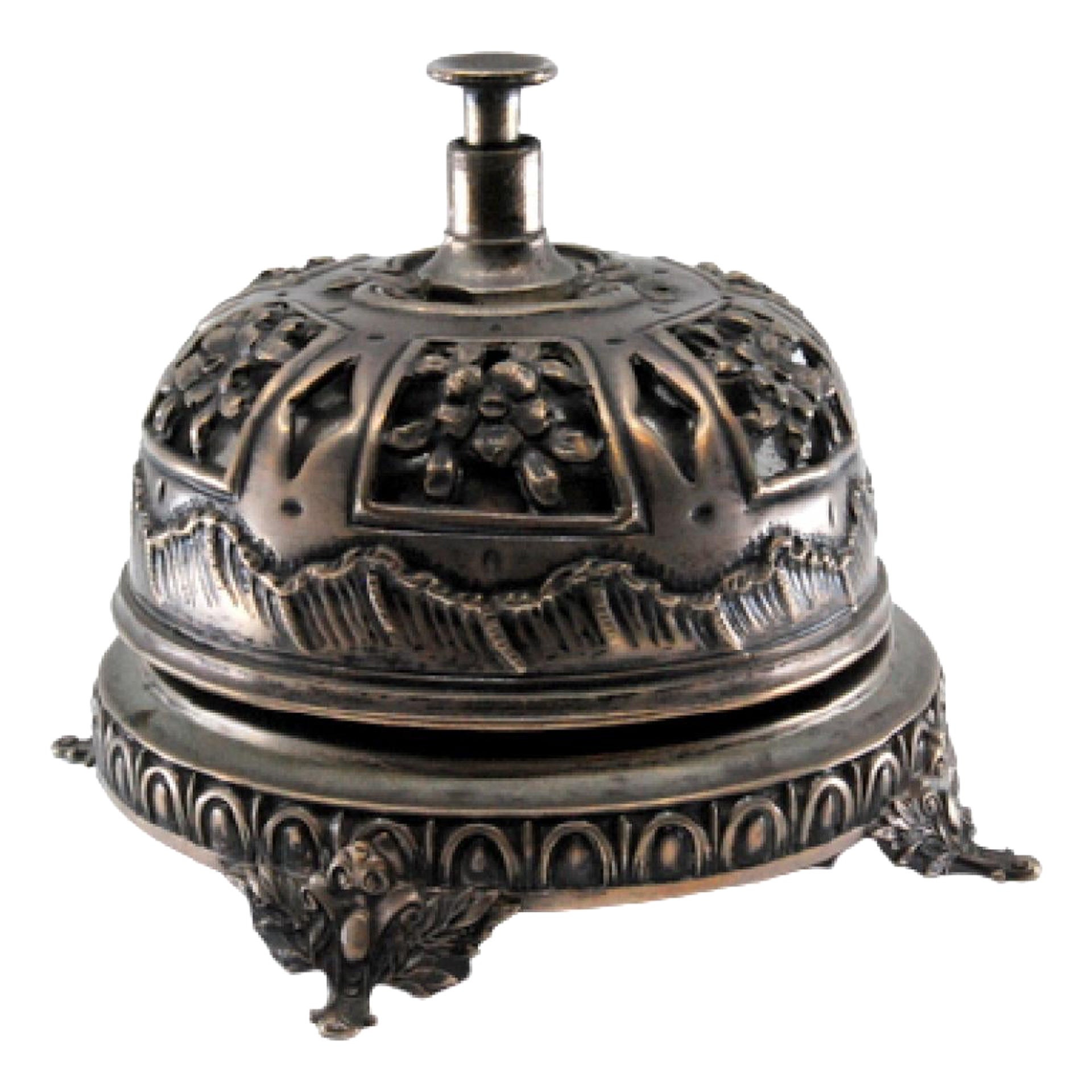 Silver bell with pierced floral lid, mechanism and four feet