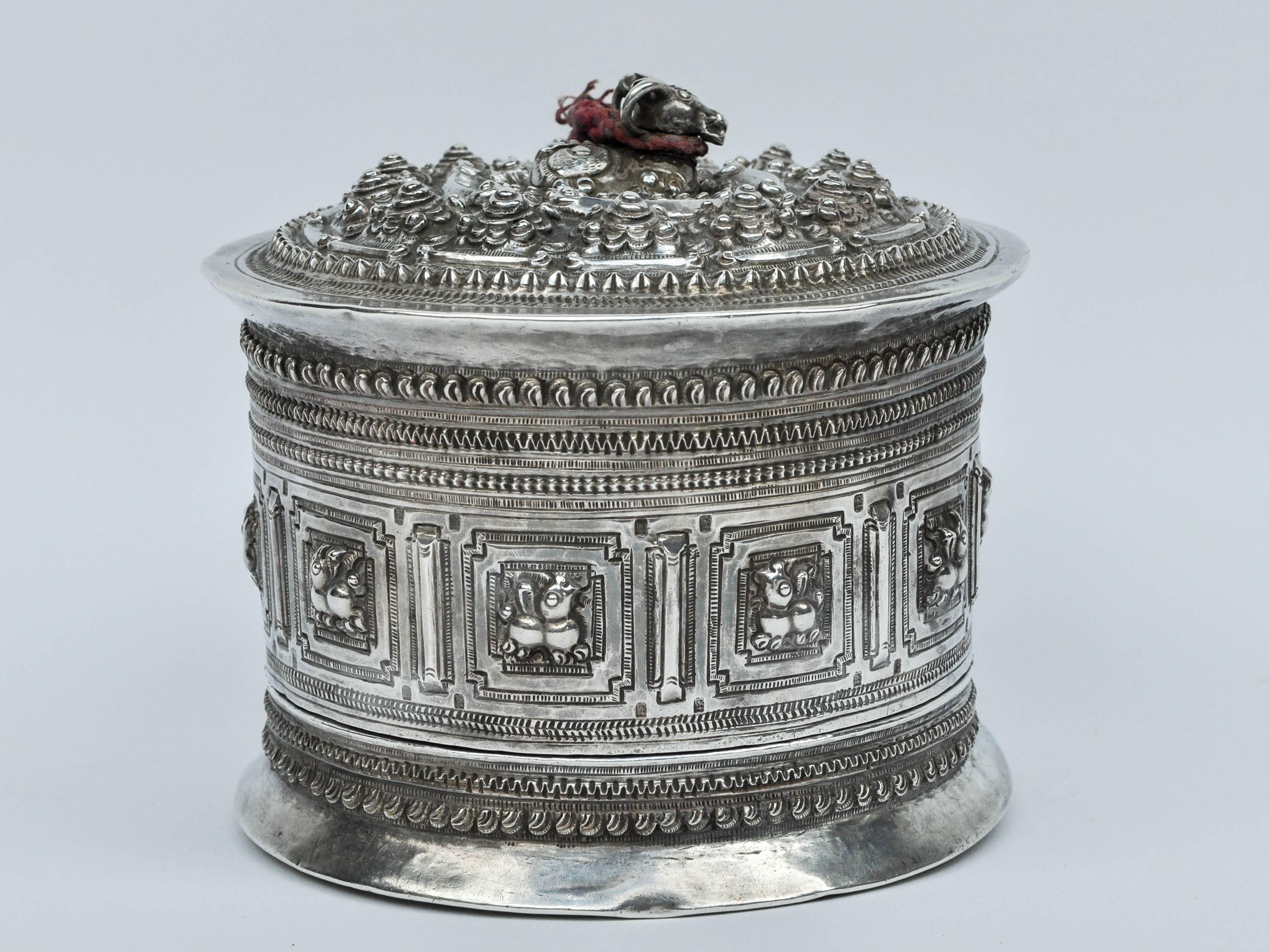 Folk Art Silver Betel Box / Cannister from Laos, 19th Century, Repousse Work and Chasing