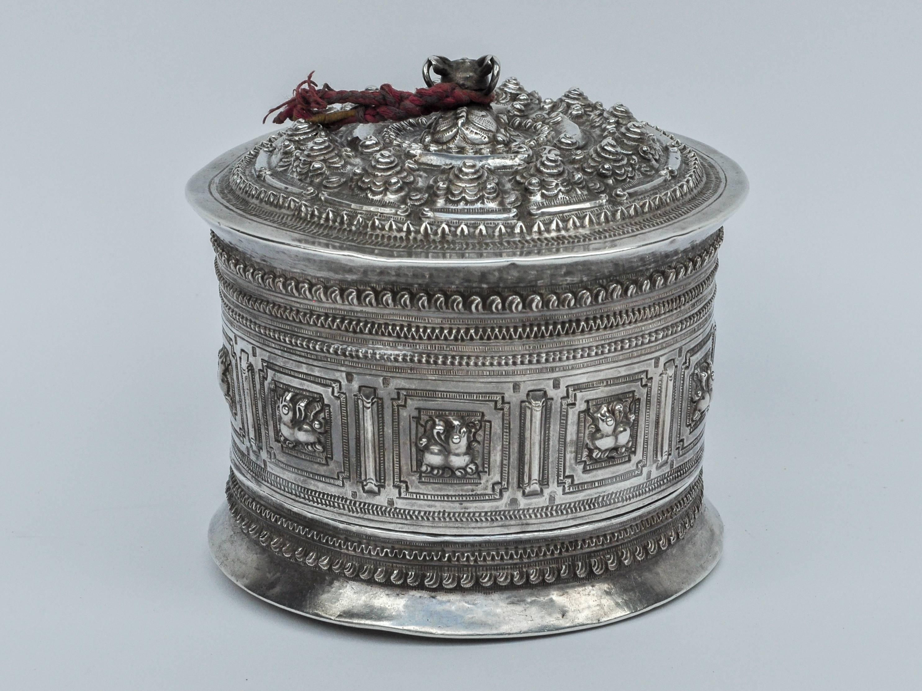 Laotian Silver Betel Box / Cannister from Laos, 19th Century, Repousse Work and Chasing