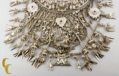 Silver Bib Necklace Dangling Flowers Tassles Stars Sun Heart Fish Red Stone Bead