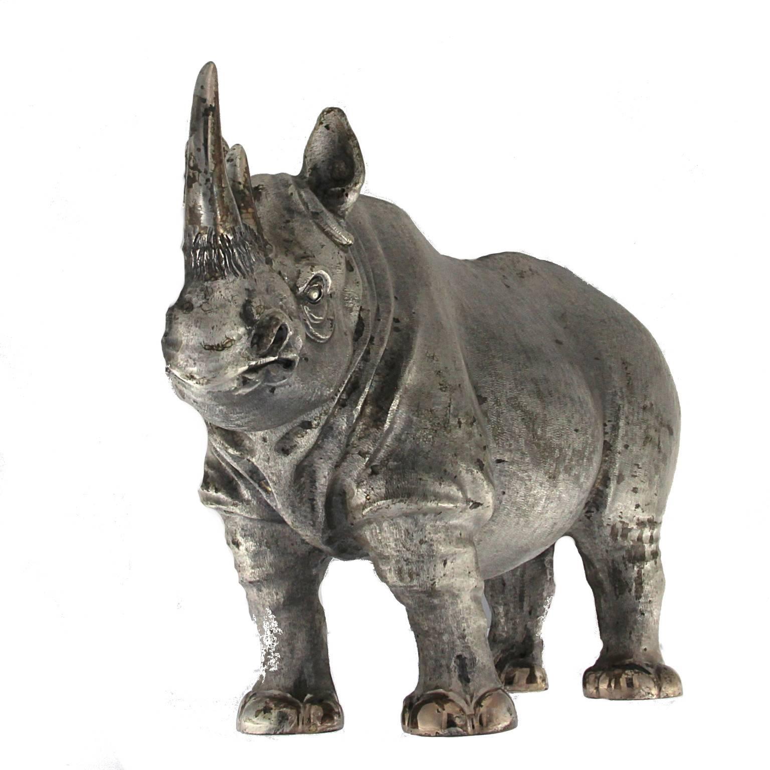 Silver Big African Rhinoceros Sculpture