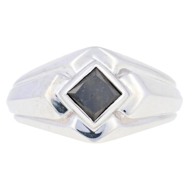 Silver Black Diamond Ring, 925 Princess Cut 1.00ct Men's Solitaire