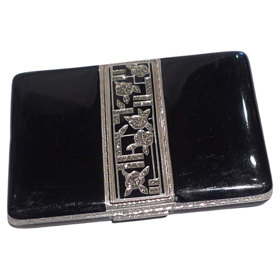 Silver, Black Enamel and Marquesite Card Case For Sale