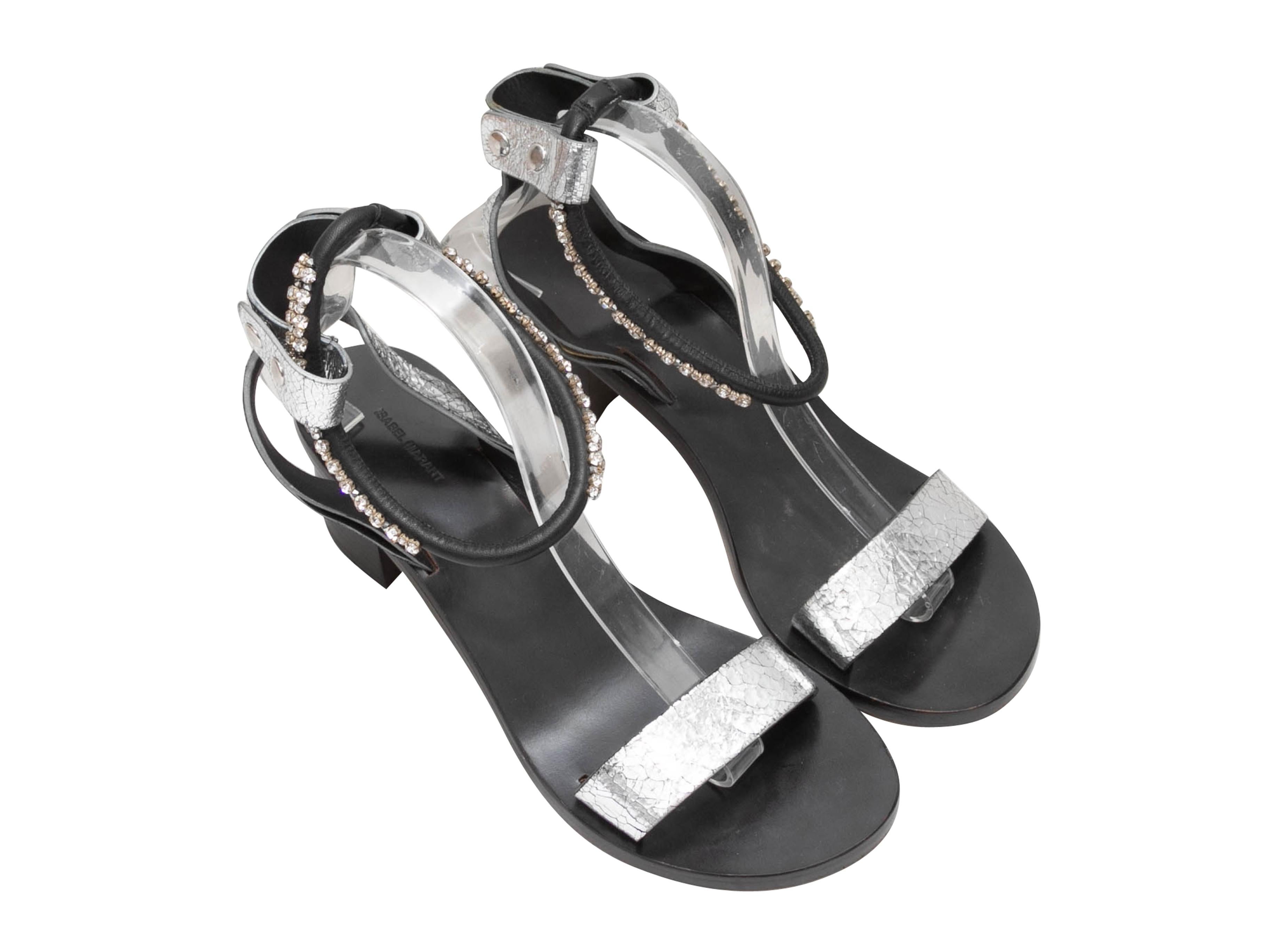  Silver and black Jaeryn crystal-embellished heeled sandals by Isabel Marant. Block heels. Ankle strap closures. 2.25