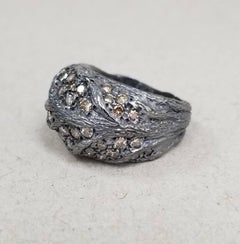 Silver "Black Rhodium" Bark Ring with Brown Diamonds