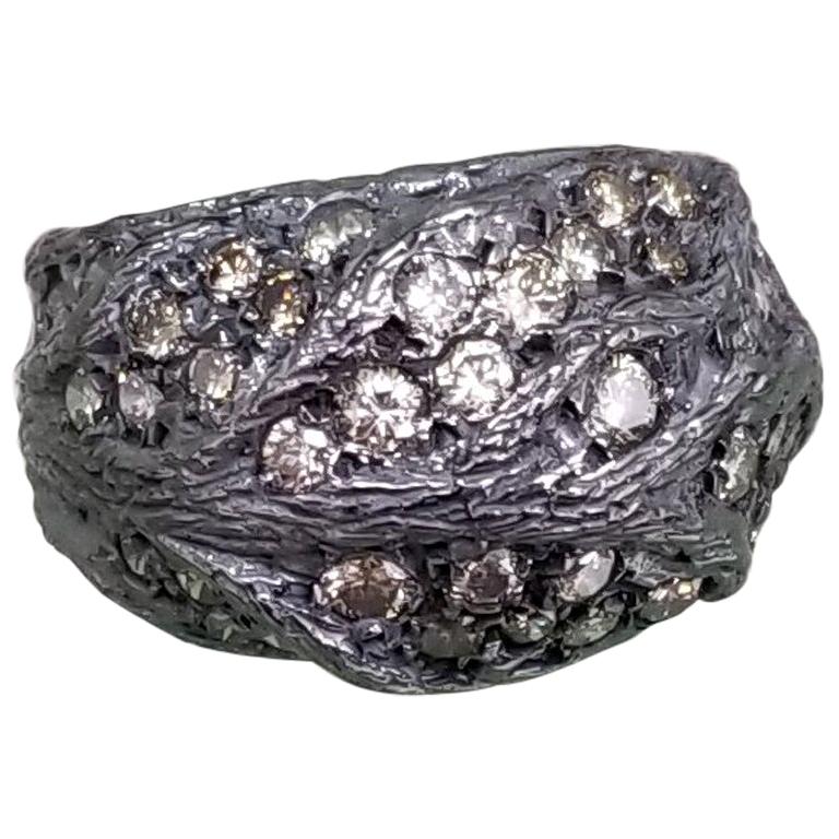 Silver "Black Rhodium" Bark Ring with Brown Diamonds For Sale
