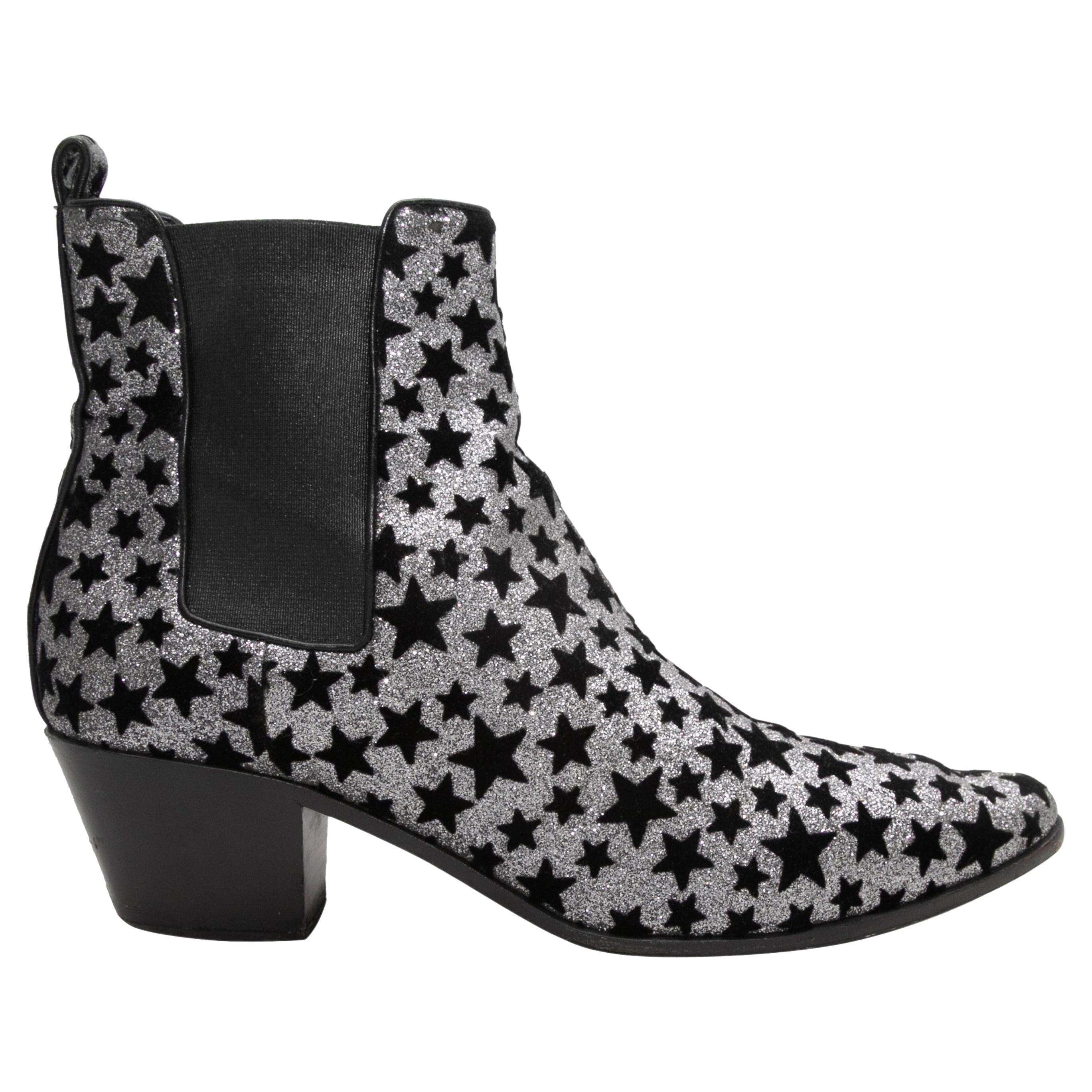 Saint Laurent - Bottines à bout pointu étoiles paillettes argentées et noires, taille 38,5