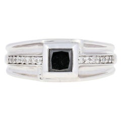 Silver Black & White Diamond Ring, 925 Princess Cut 1.20ctw Men's