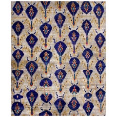 Silver Blue Cobalt Sapphire Blue Silk Hand-knotted Transitional Rug in Stock