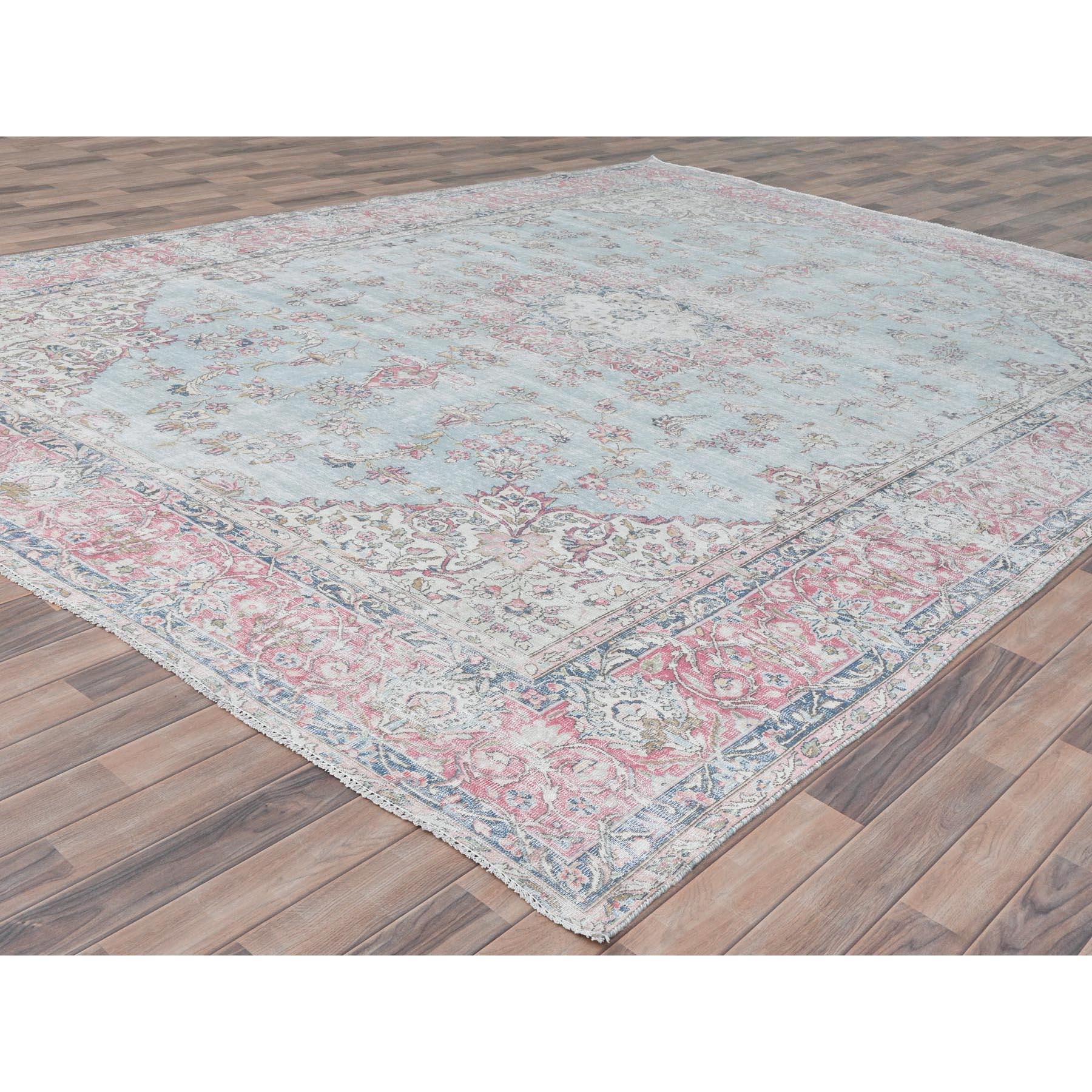 Medieval Silver Blue Distressed Worn Wool Hand Knotted Vintage Persian Kerman Rug For Sale