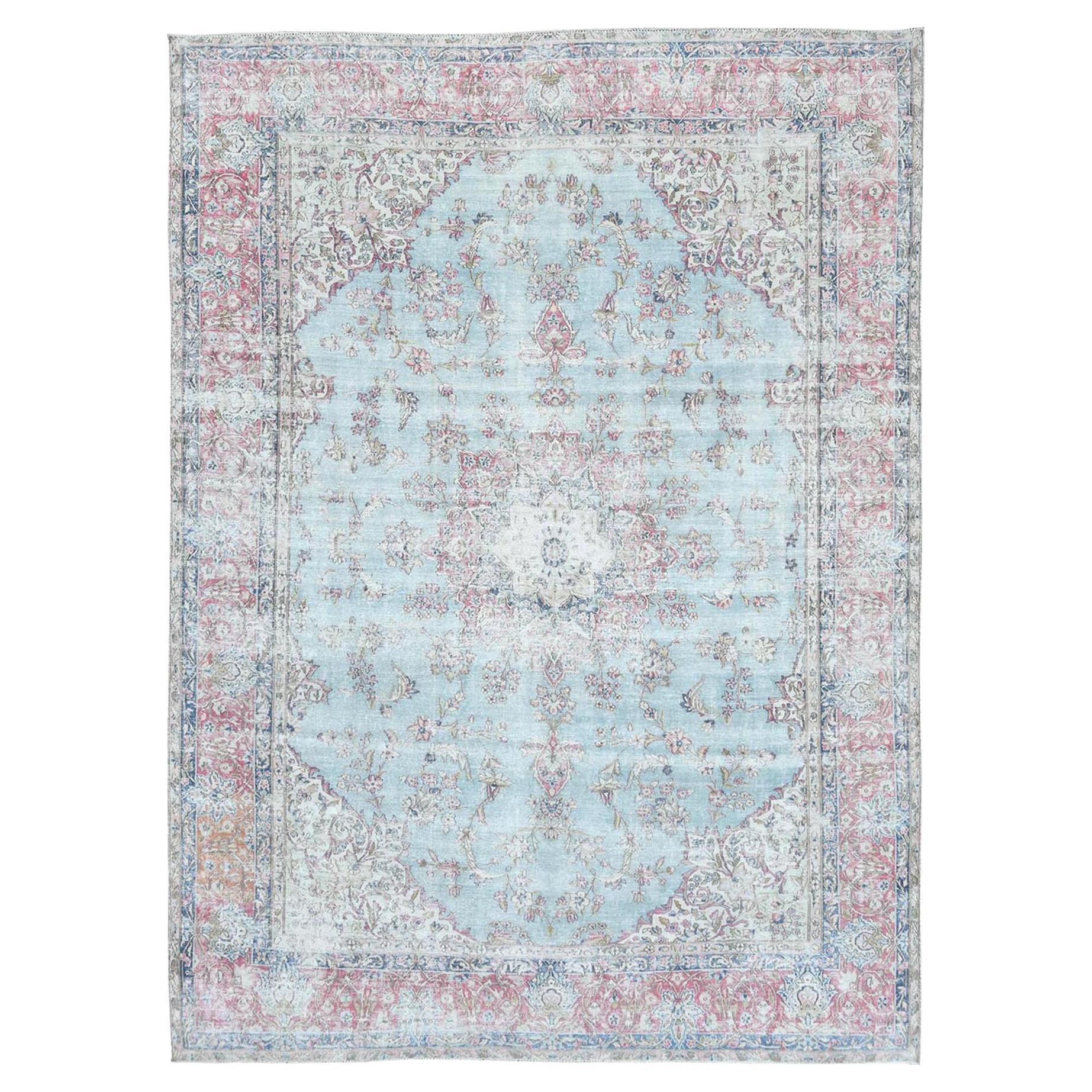 Silver Blue Distressed Worn Wool Hand Knotted Vintage Persian Kerman Rug For Sale