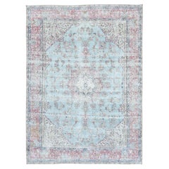 Silver Blue Distressed Worn Wool Hand Knotted Retro Persian Kerman Rug