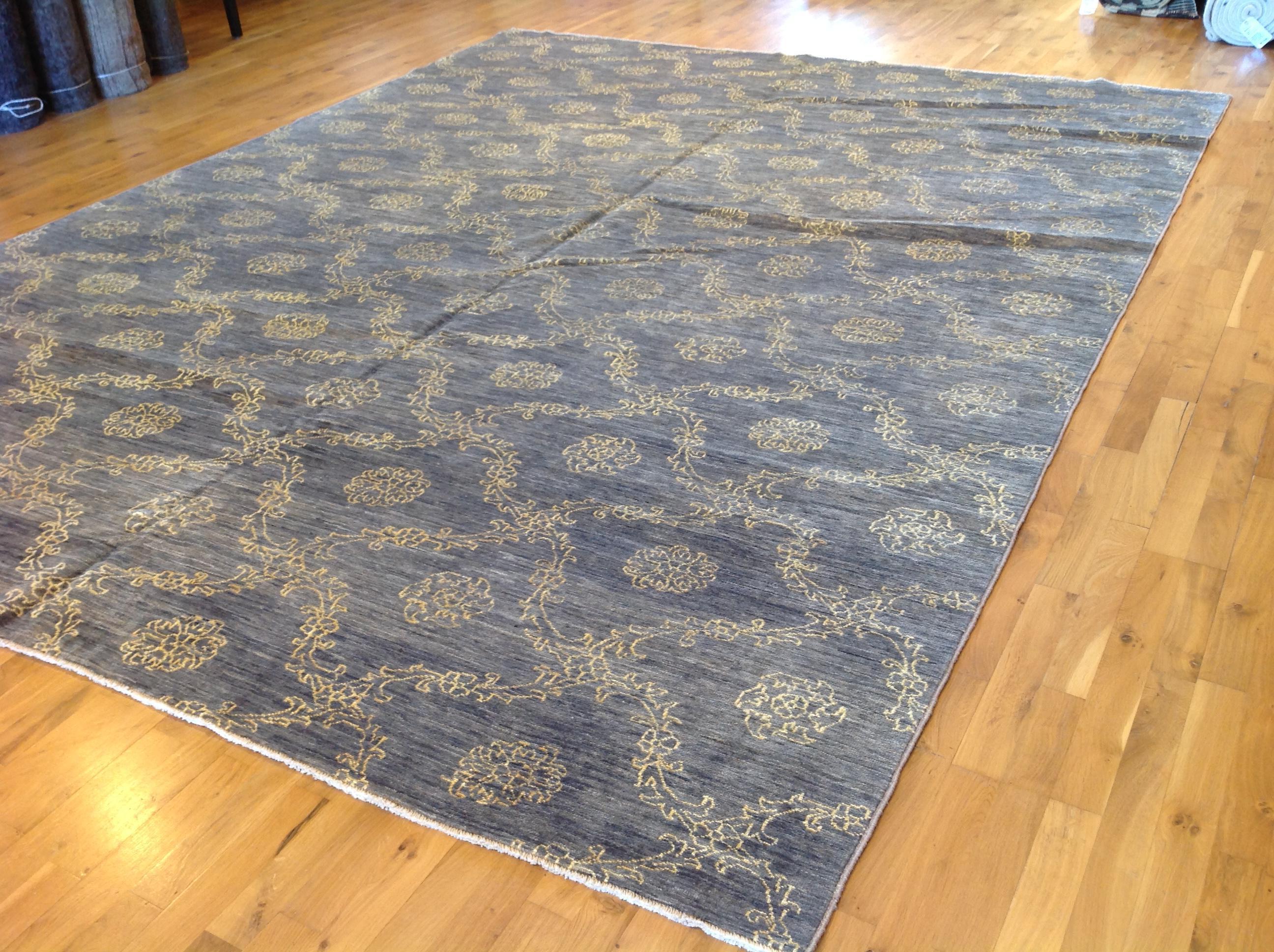 Hand-Knotted Silver Blue Floral Stencil Design Wool and Silk Rug For Sale
