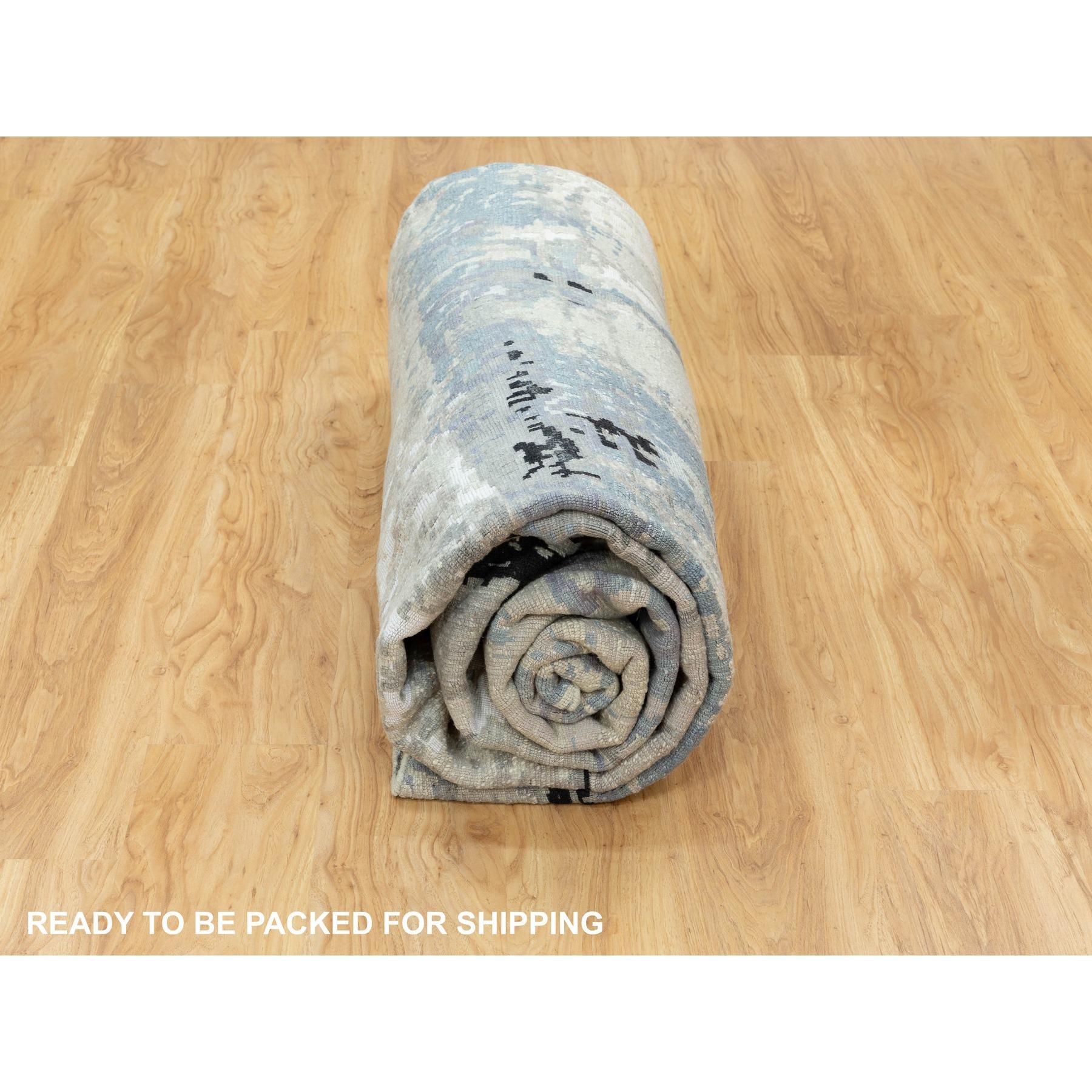 Handgeknüpfter runder Teppich aus Wolle und Seide in Silber-Blau, modernes abstraktes Design 12' x 12' im Angebot 4