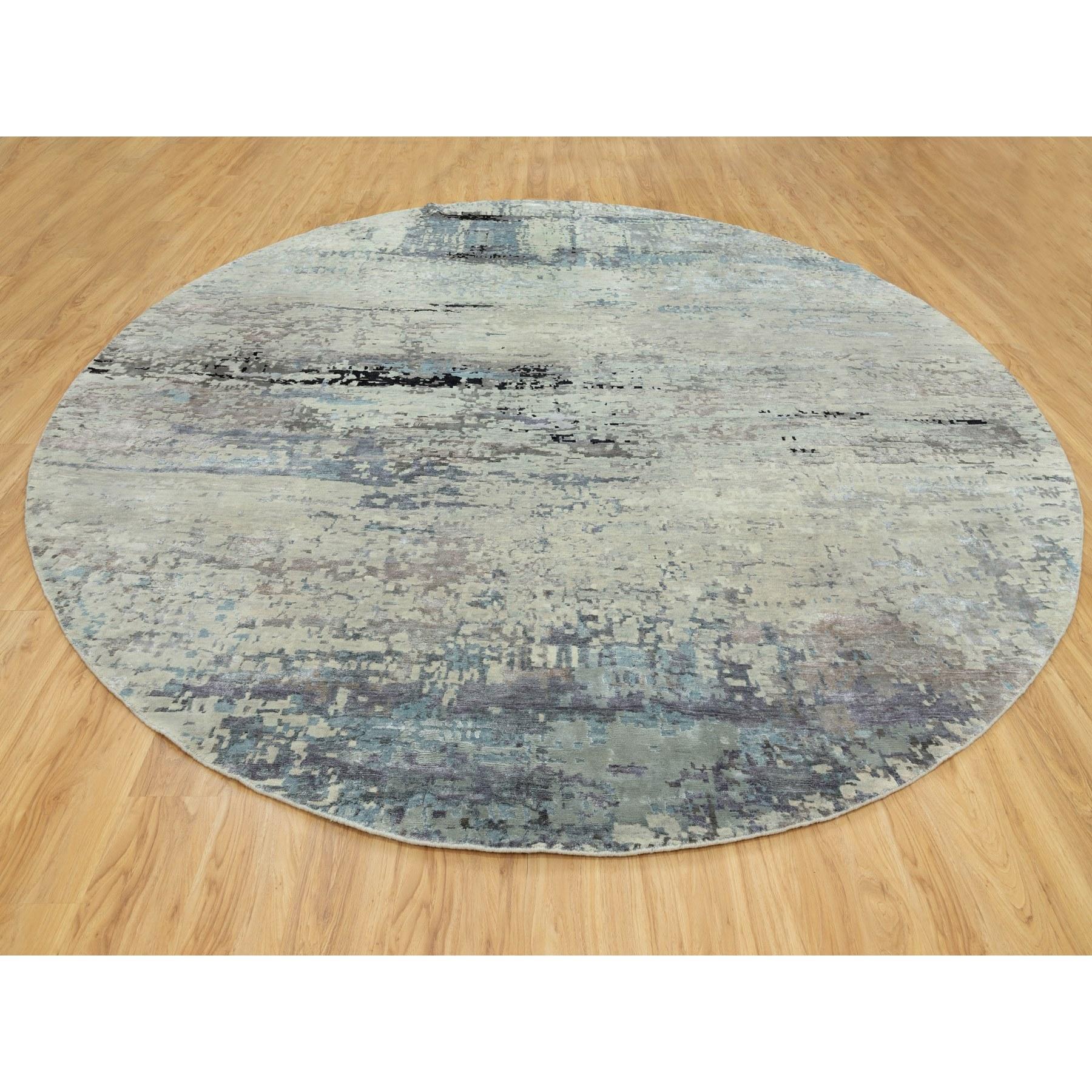 Handgeknüpfter runder Teppich aus Wolle und Seide in Silber-Blau, modernes abstraktes Design 12' x 12' (Moderne) im Angebot